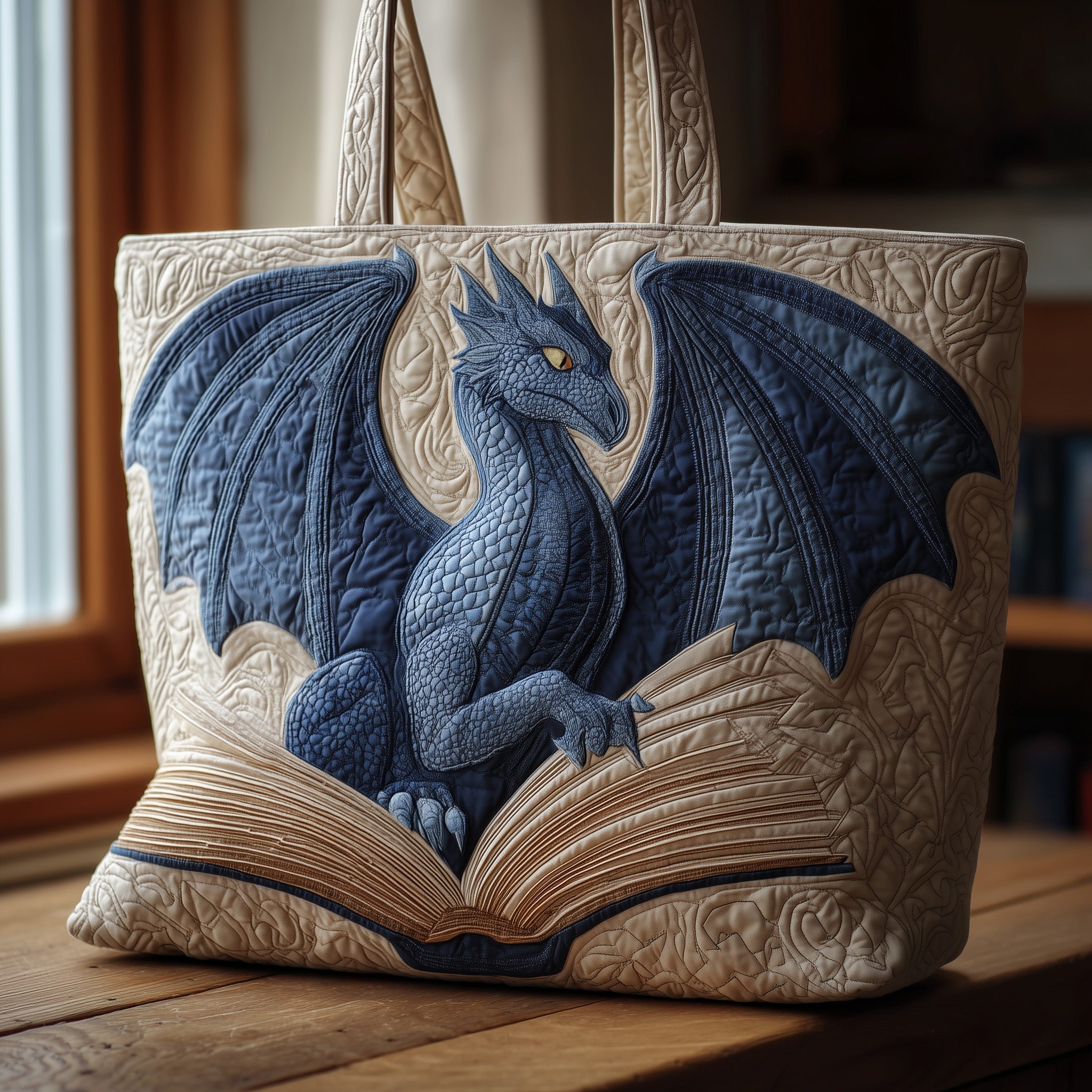 Bookish Dragon Quilted Tote Bag Mythical Creature Shoulder Bags For Women Gifts For Book Lovers