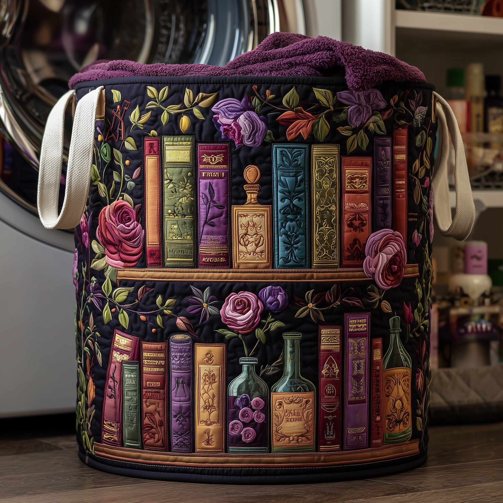 Bookish Quilted Laundry Basket Dark Floral Laundry Hamper Great Book Lover Presents