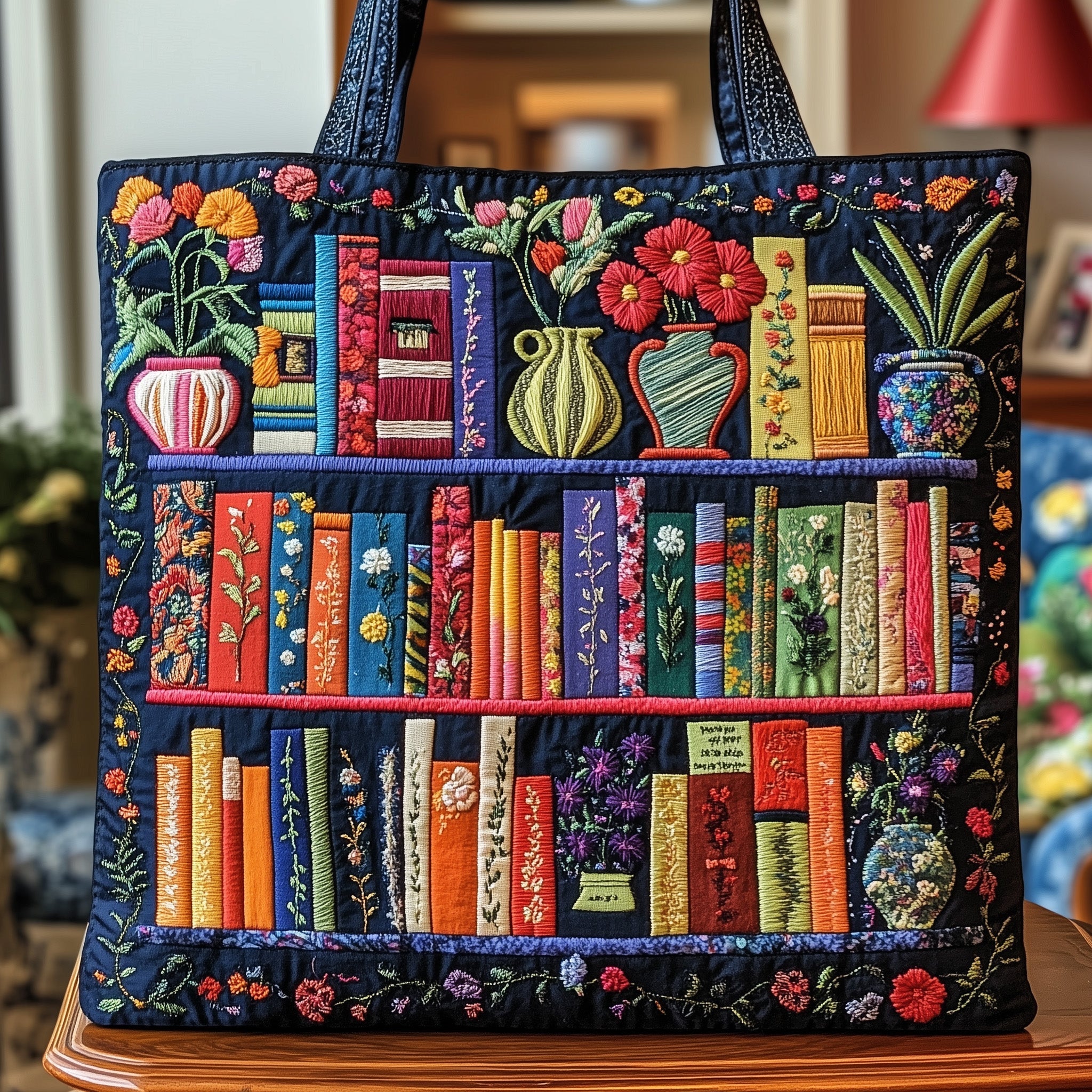 Bookish Quilted Tote Bag Floral Bookshelf Handbags Great Book Lover Presents For Her
