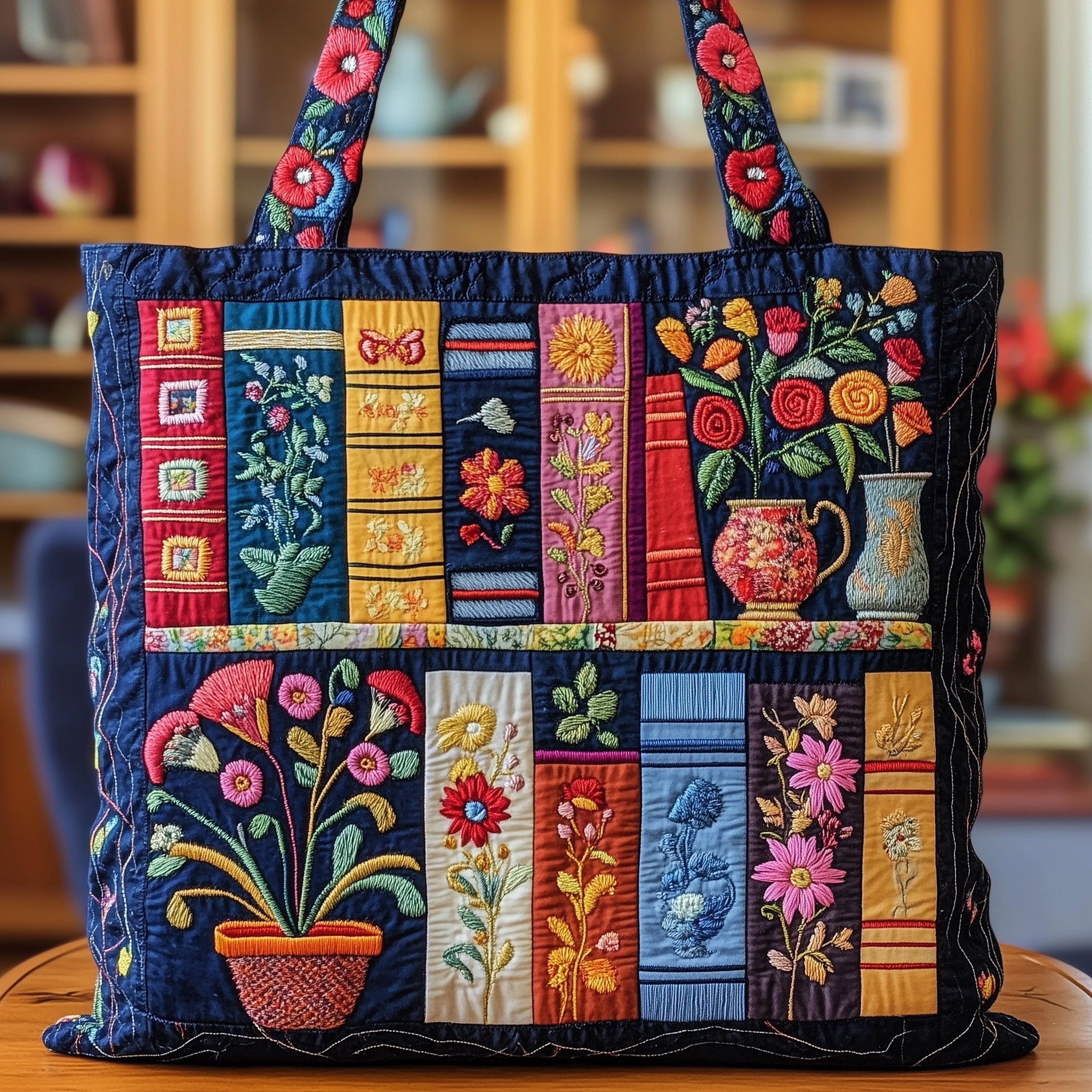 Bookish Quilted Tote Bag Floral Bookshelf Shoulder Bags For Women Gift For Book Lovers