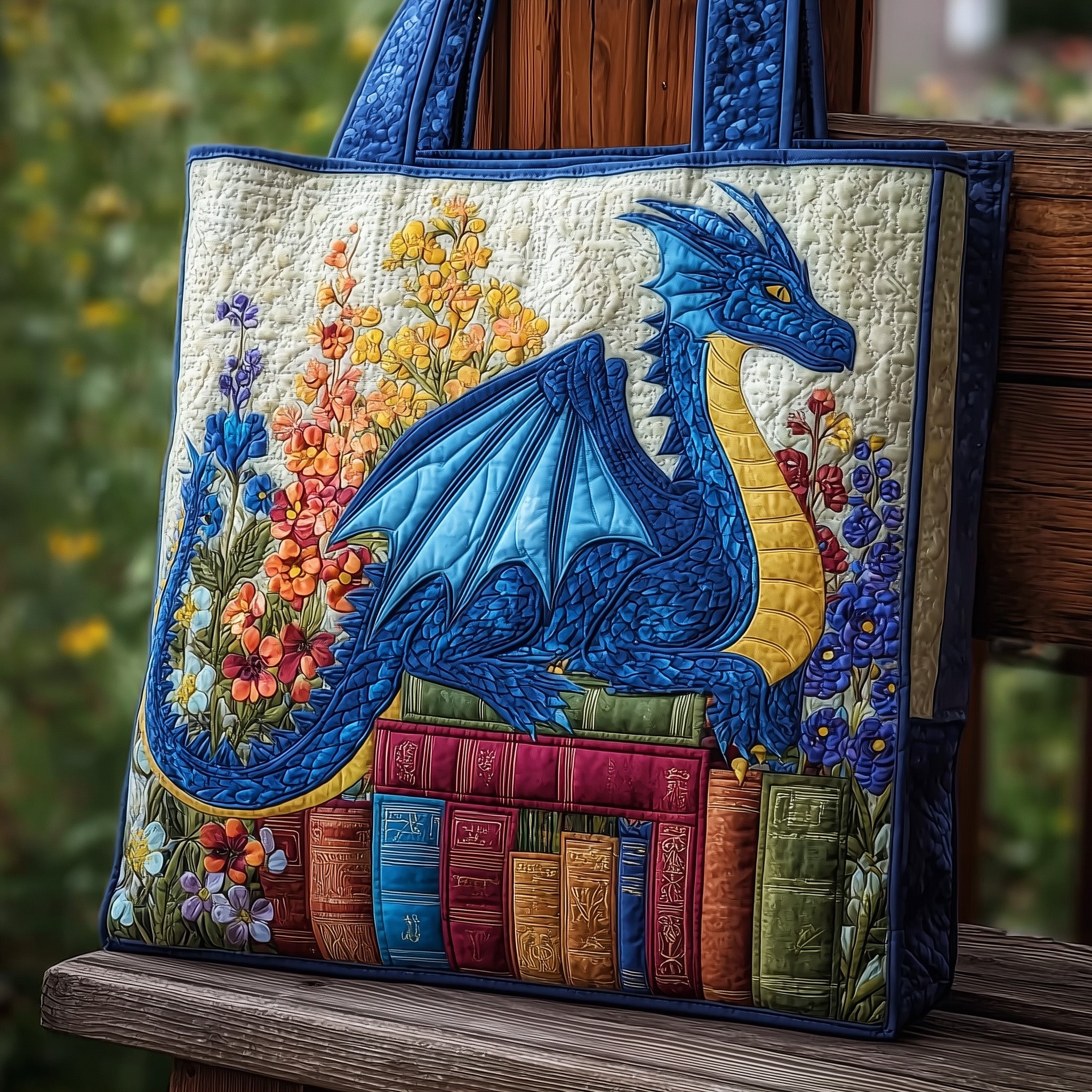 Bookworm Dragon Quilted Tote Bag Floral Shoulder Bags For Women Great Dragon Lover Gifts