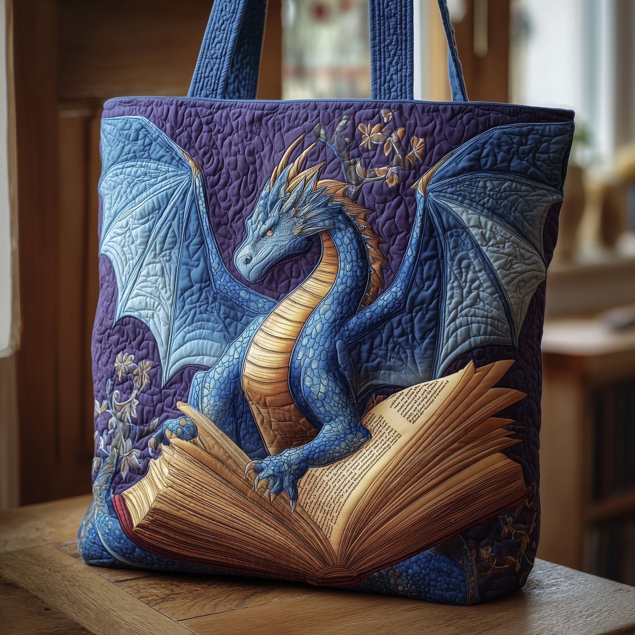 Bookworm Dragon Quilted Tote Bag Mythical Handbags For Women Dragon Themed Gift Items