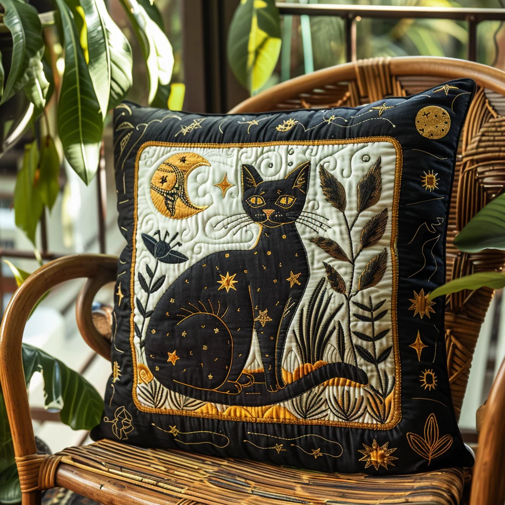 Botanical Black Cat Quilted Pillow Case Artistic Accent Pillow Gift For Cat Lover