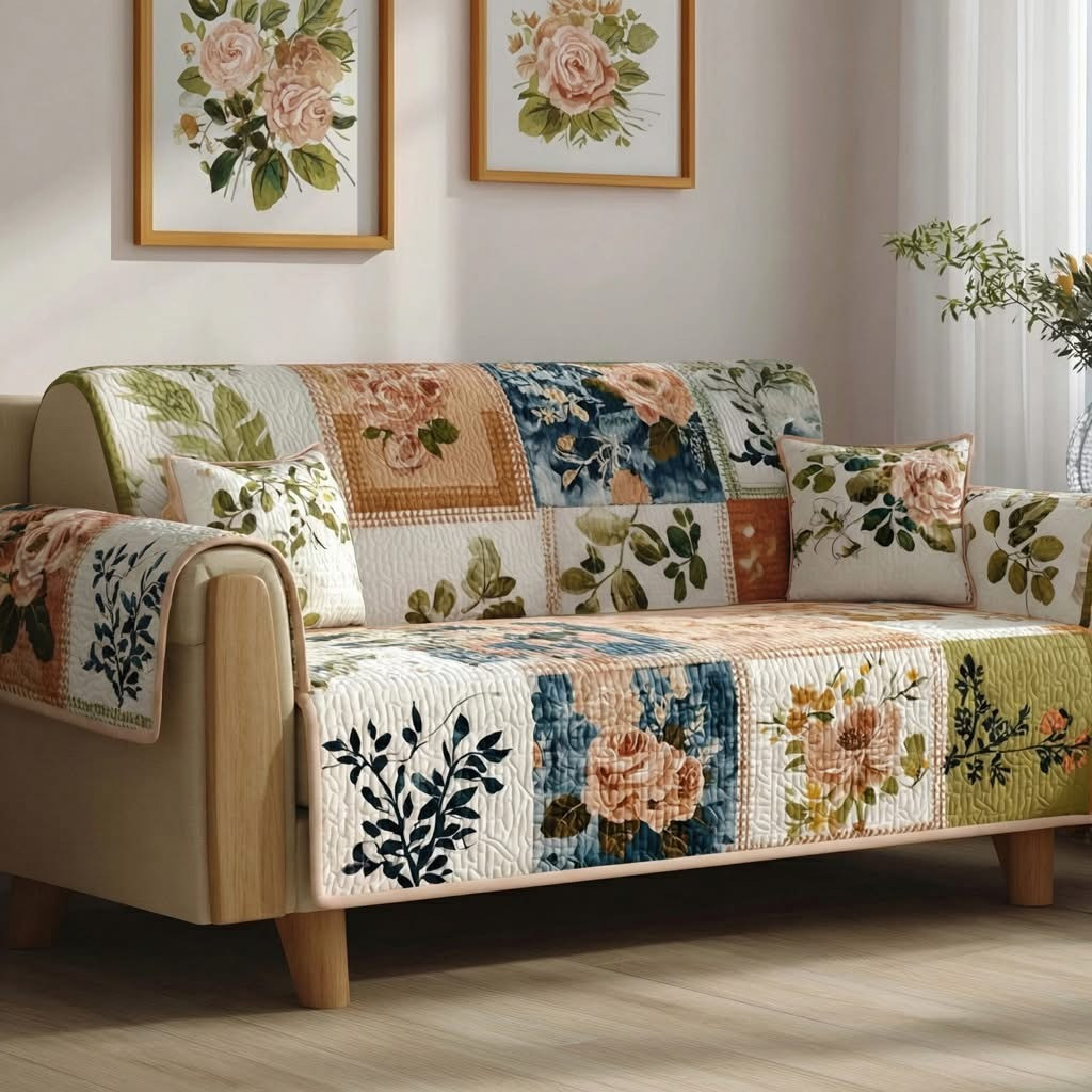 Botanical Calm Quilted Sofa Cover Floral Patchwork Sofa Protector Gifts For Relatives