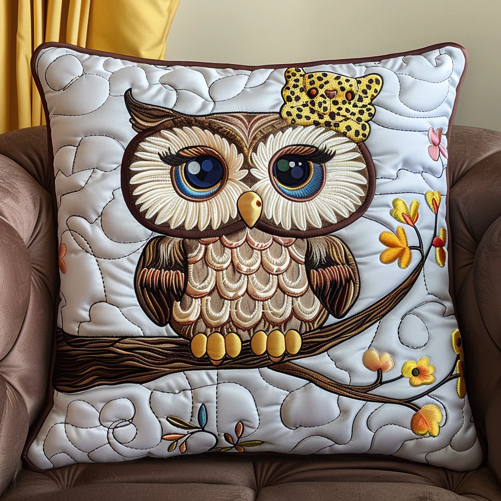 Bowtie Owl Quilted Pillow Case Cartoon Owl Decorative Throw Gift For Her