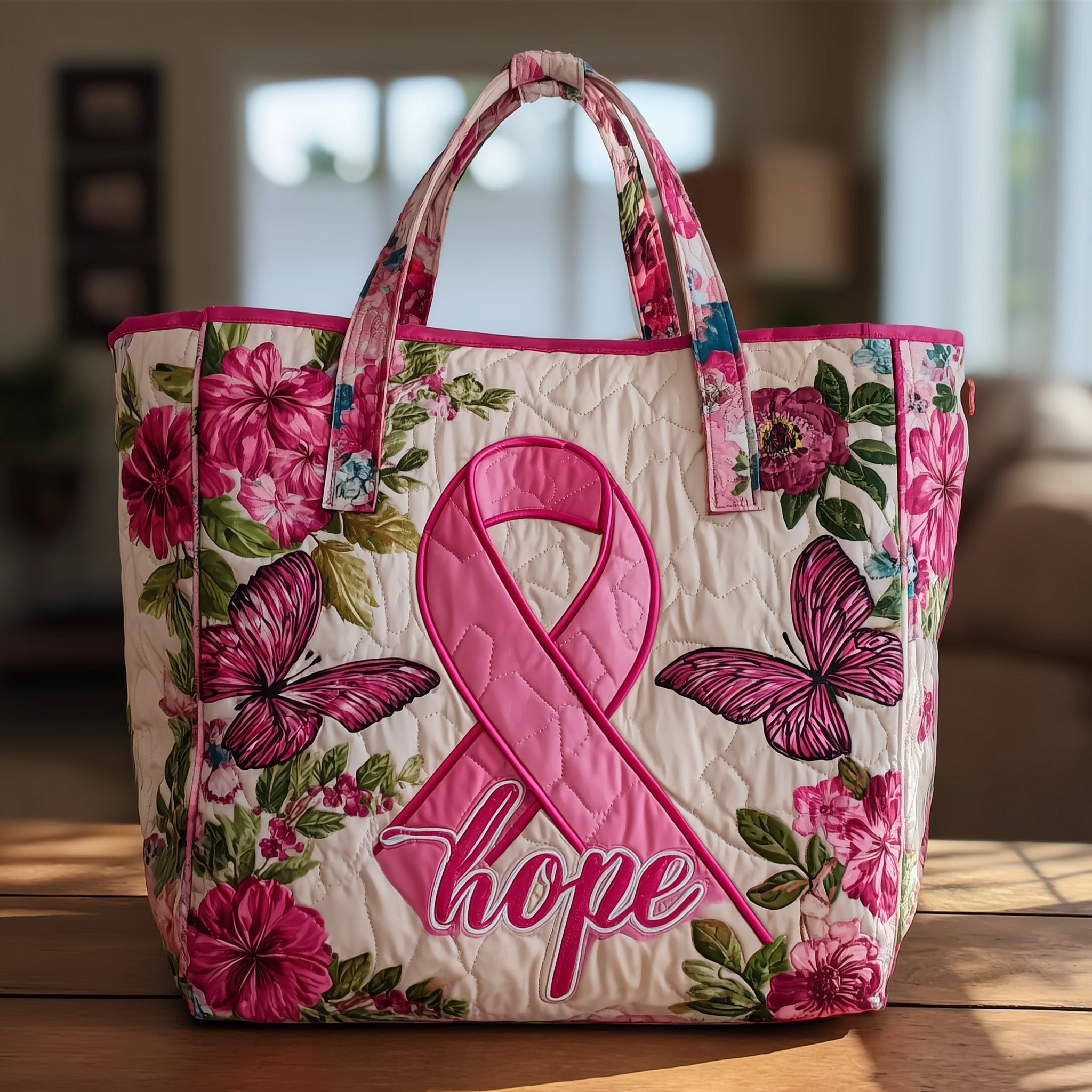 Breast Cancer Hope Quilted Tote Bag Pink Ribbon Handbag For Women Breast Cancer Awareness Merch