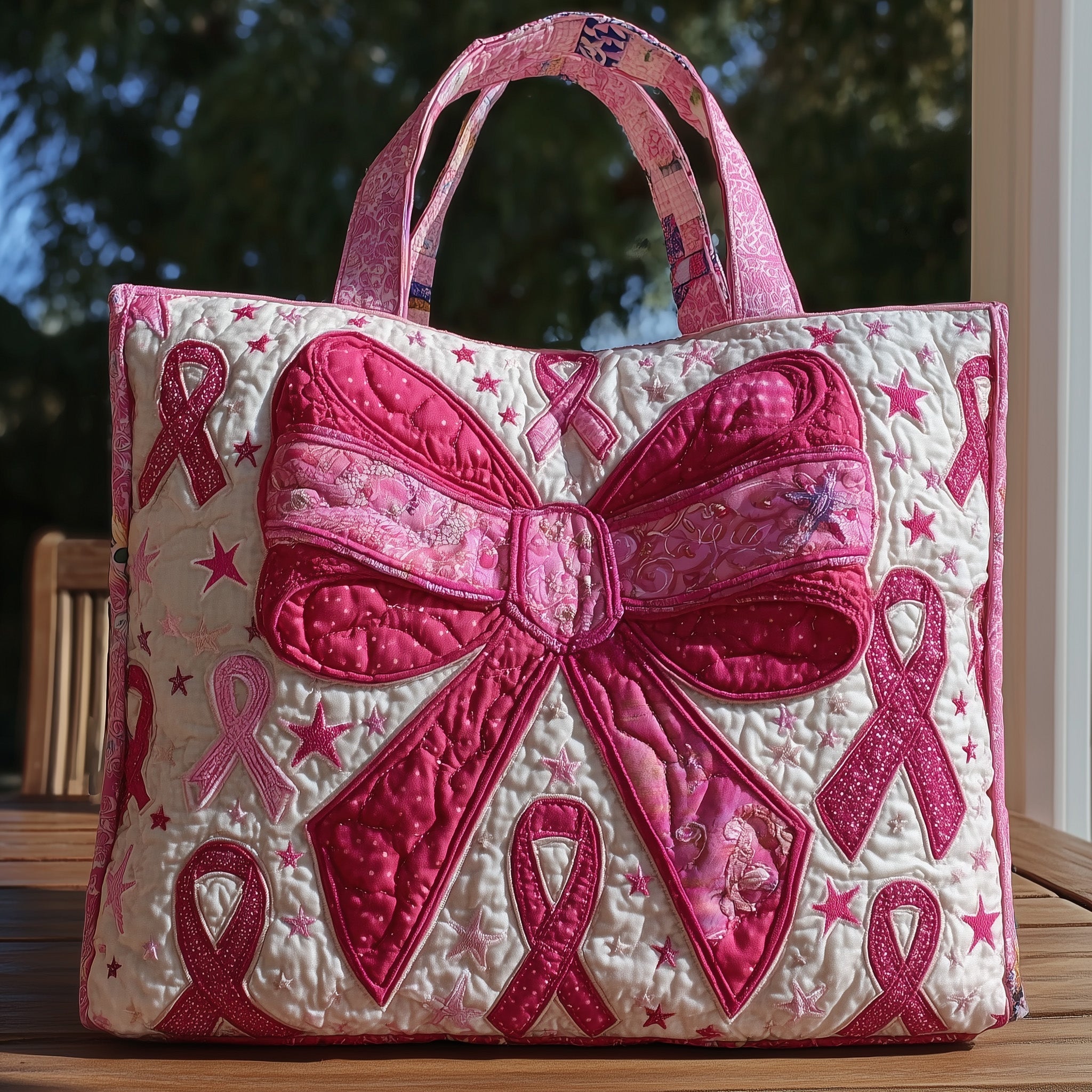Breast Cancer Quilted Tote Bag Pink Ribbon Bow Handbags For Women Survivor Gifts Ideas