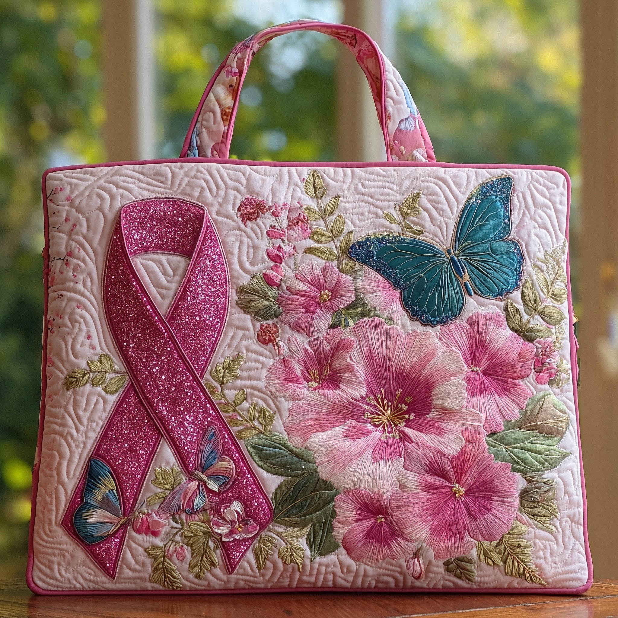 Breast Cancer Quilted Tote Bag Pink Ribbon Floral Handbags Survivor Gifts For Her