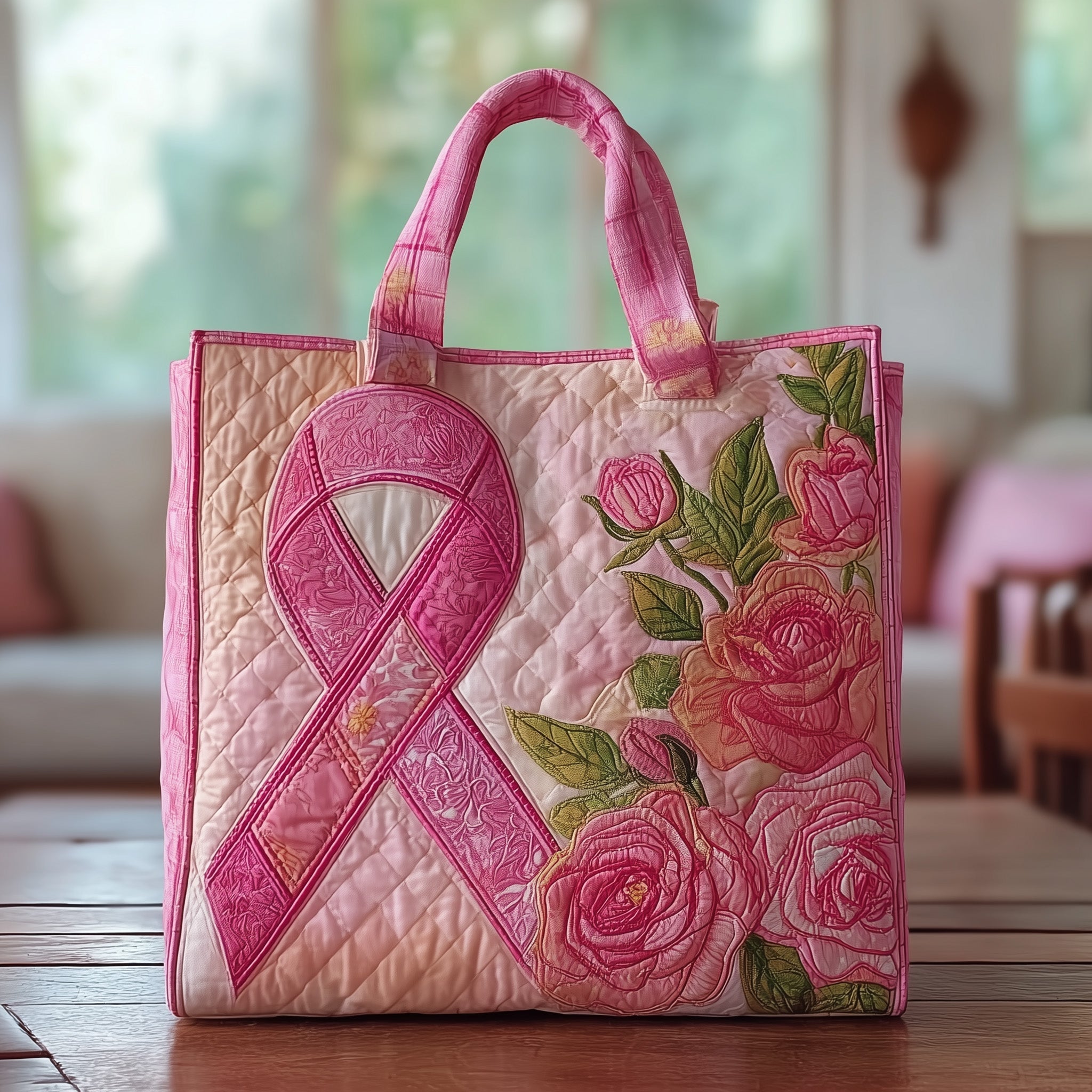 Breast Cancer Quilted Tote Bag Pink Ribbon Handbags For Women Breast Cancer Survivor Gifts