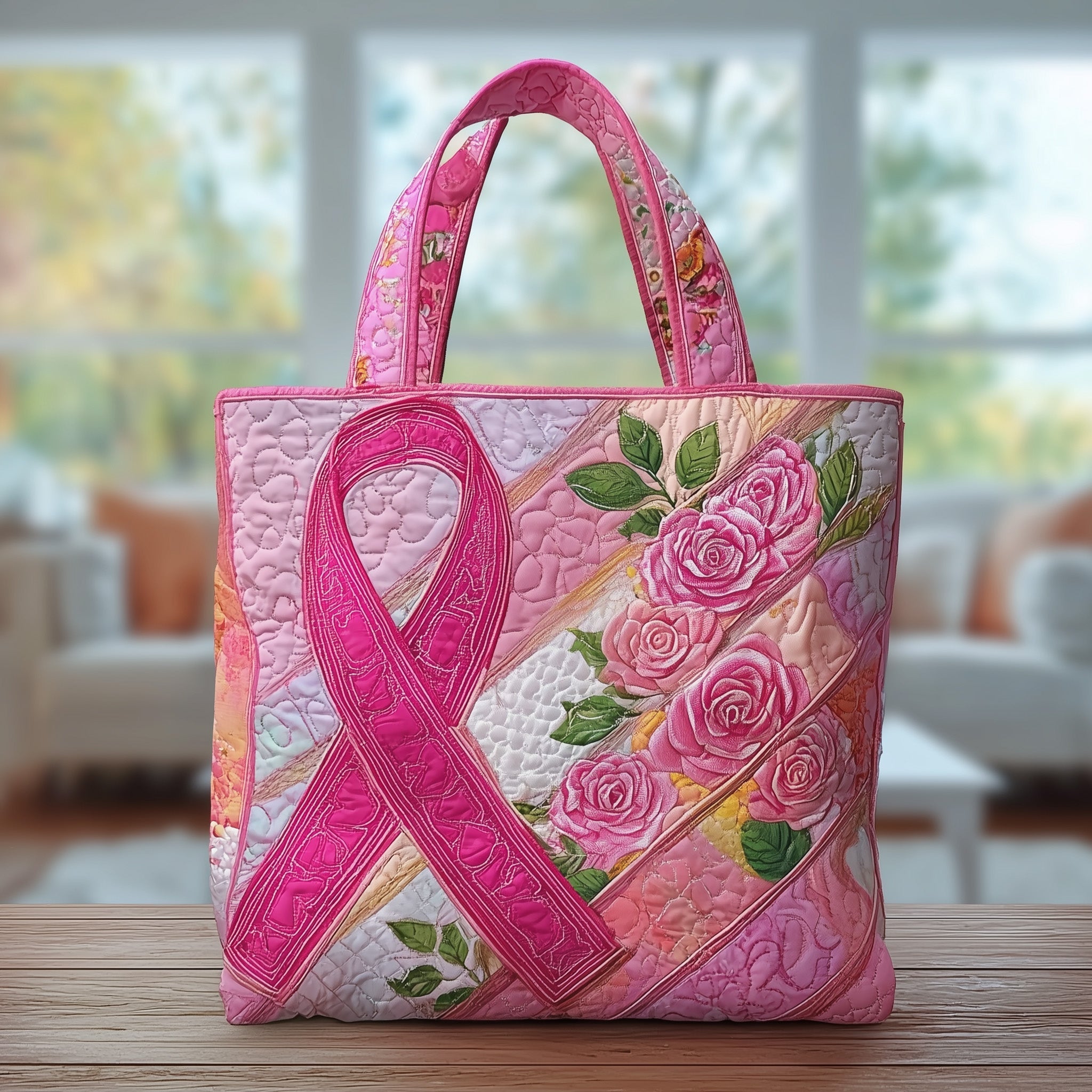 Breast Cancer Quilted Tote Bag Pink Ribbon Handbags For Women Breast Cancer Warrior Gifts