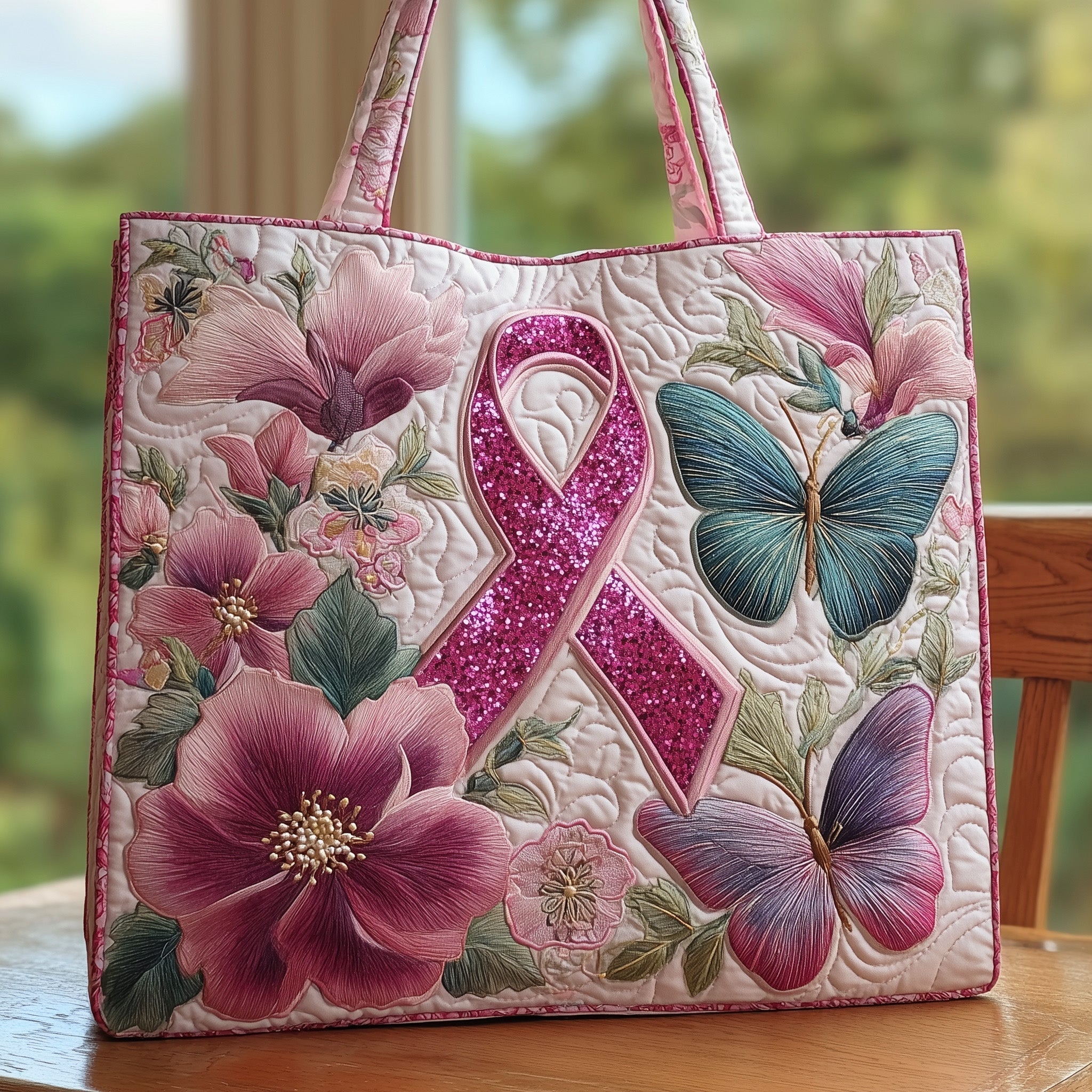 Breast Cancer Quilted Tote Bag Pink Ribbon Handbags Gift For Cancer Survivor Woman