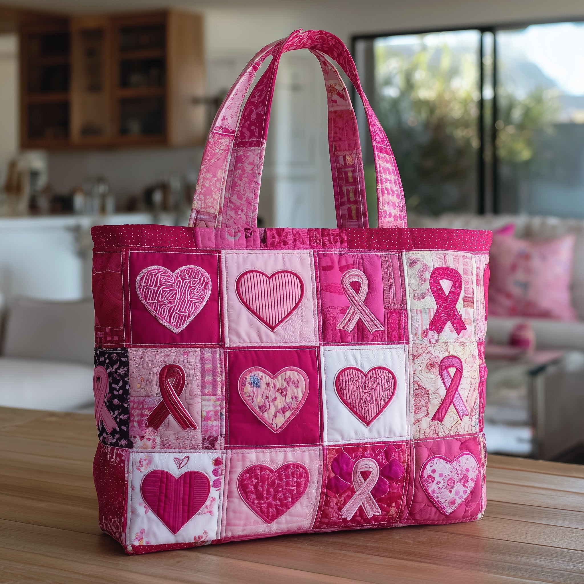 Breast Cancer Quilted Tote Bag Pink Ribbon Hearts Patchwork Handbags For Women Gifts Ideas