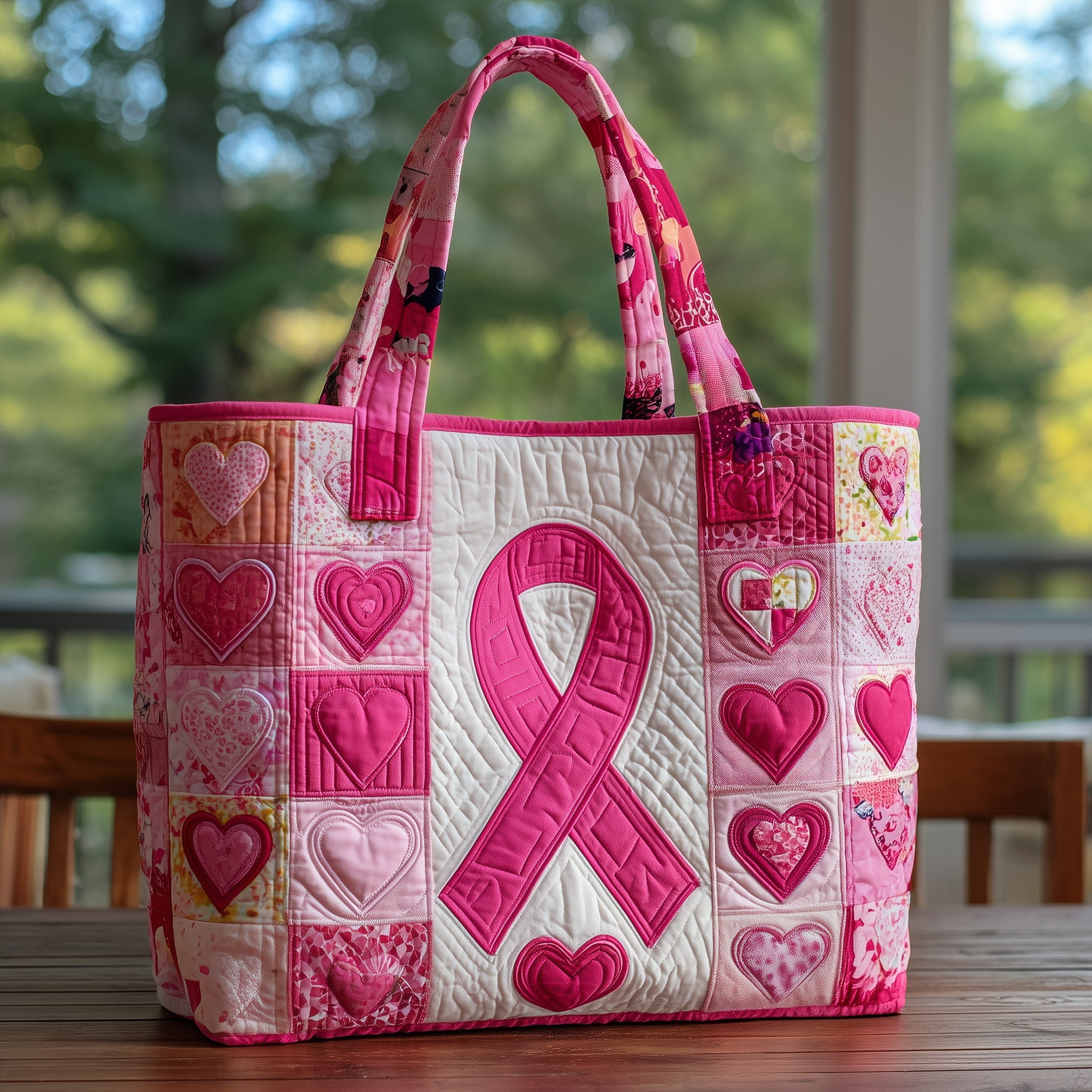 Breast Cancer Quilted Tote Bag Pink Ribbon Shoulder Bags For Women Gift For Cancer Survivor