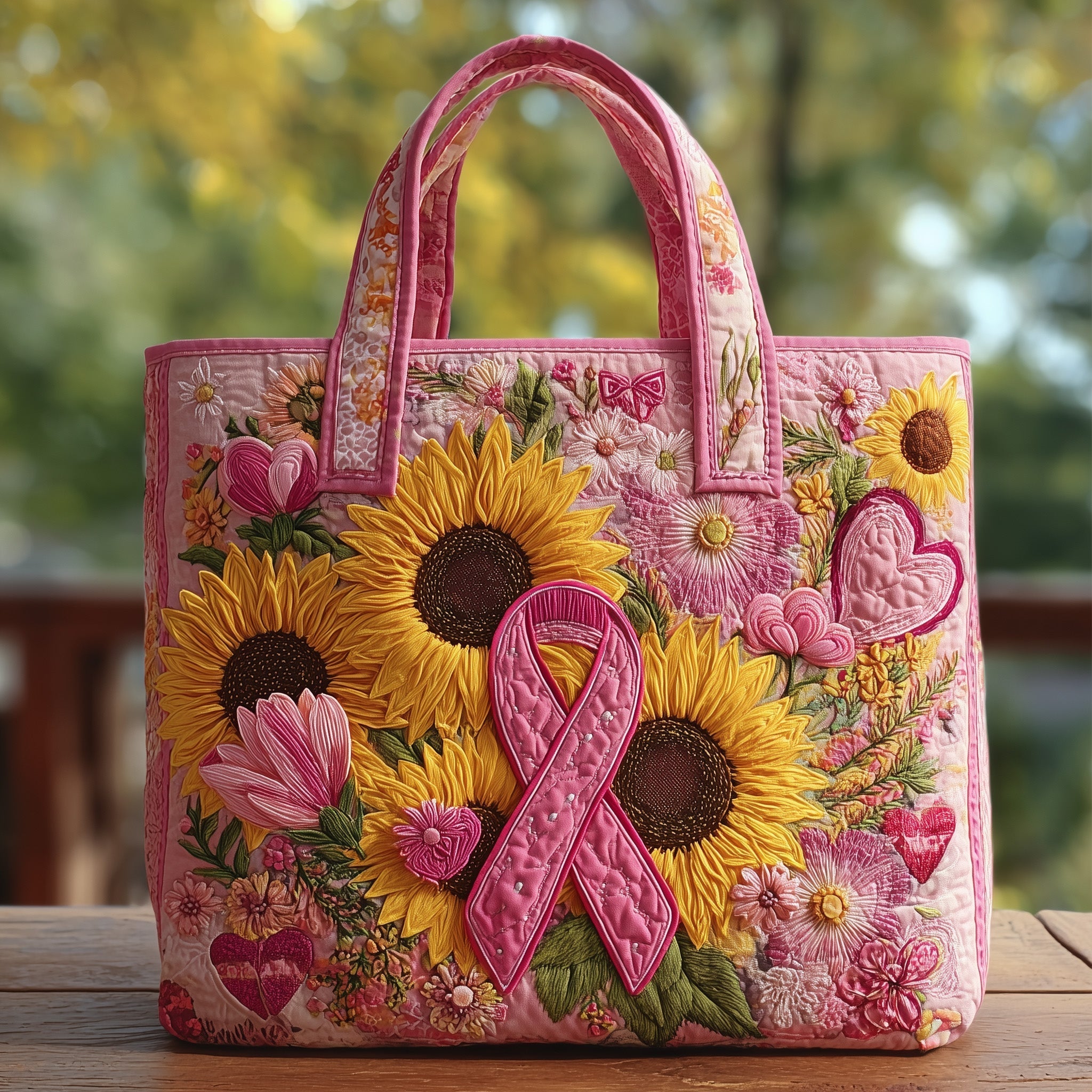Breast Cancer Quilted Tote Bag Pink Ribbon Sunflower Handbags Survivor Gifts Ideas