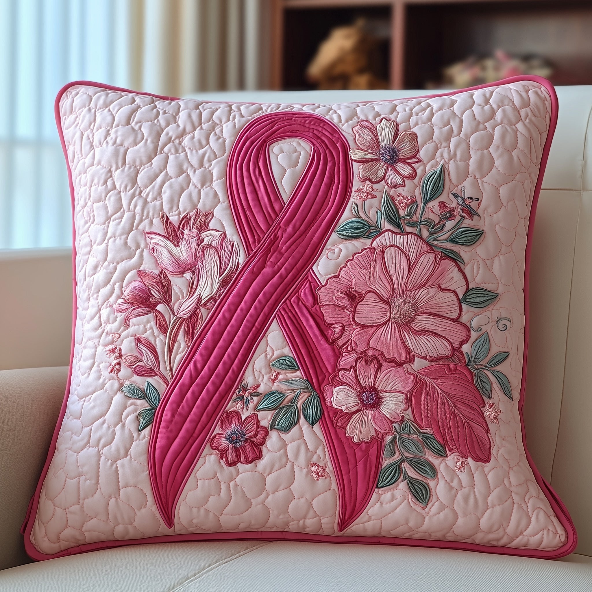 Breast Cancer Ribbon Quilted Pillow Case Throw Pillow Cover ItemBreast Cancer Awarenes Merch