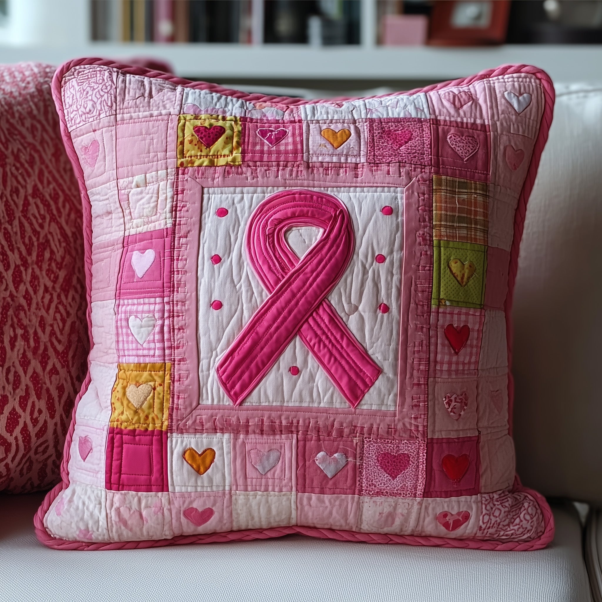 Breast Cancer Ribbon Quilted Pillow Case Throw Pillow Cover ItemBreast Cancer Awareness Month Gifts