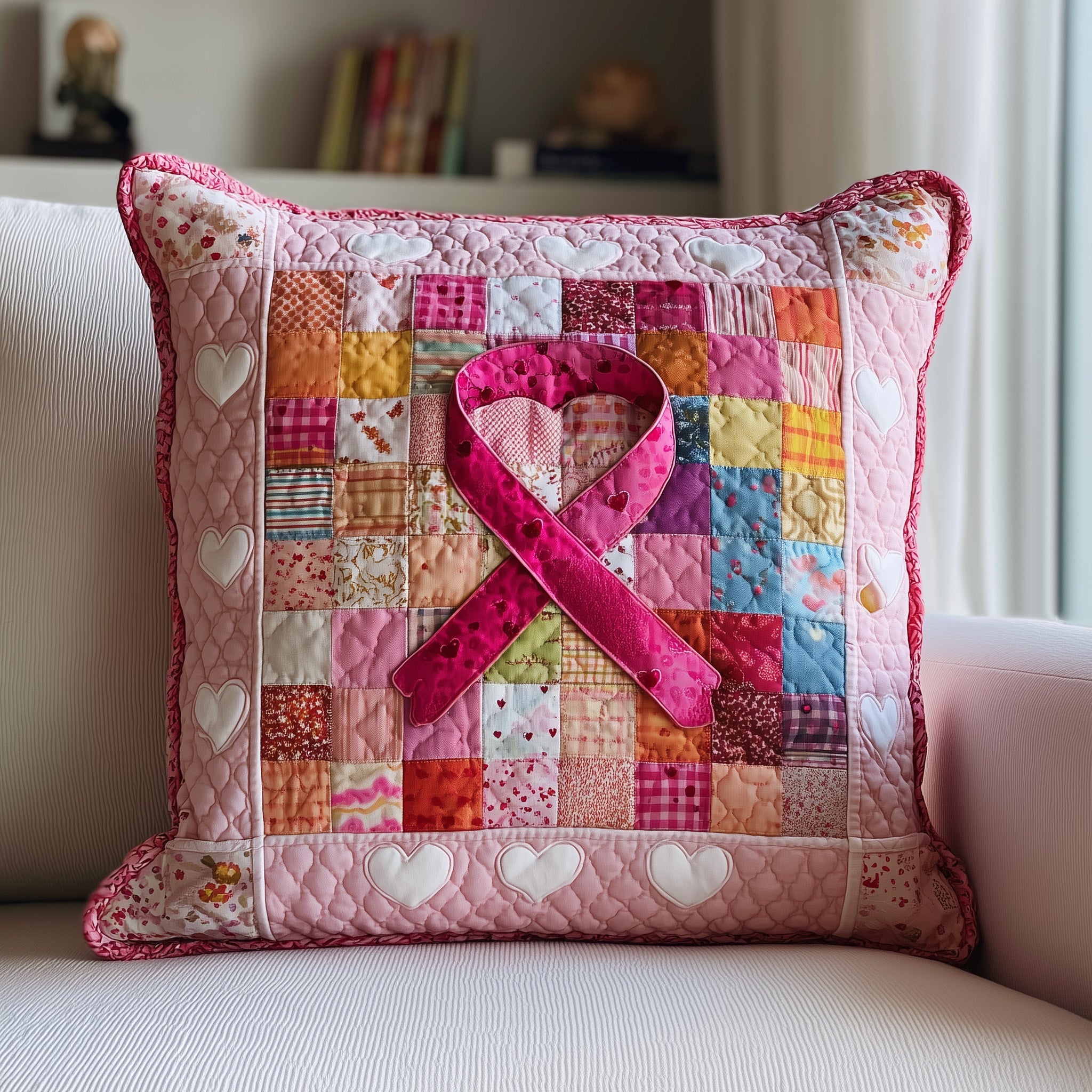 Breast Cancer Ribbon Quilted Pillow Case Throw Pillow Cover ItemBreast Cancer Gift Ideas