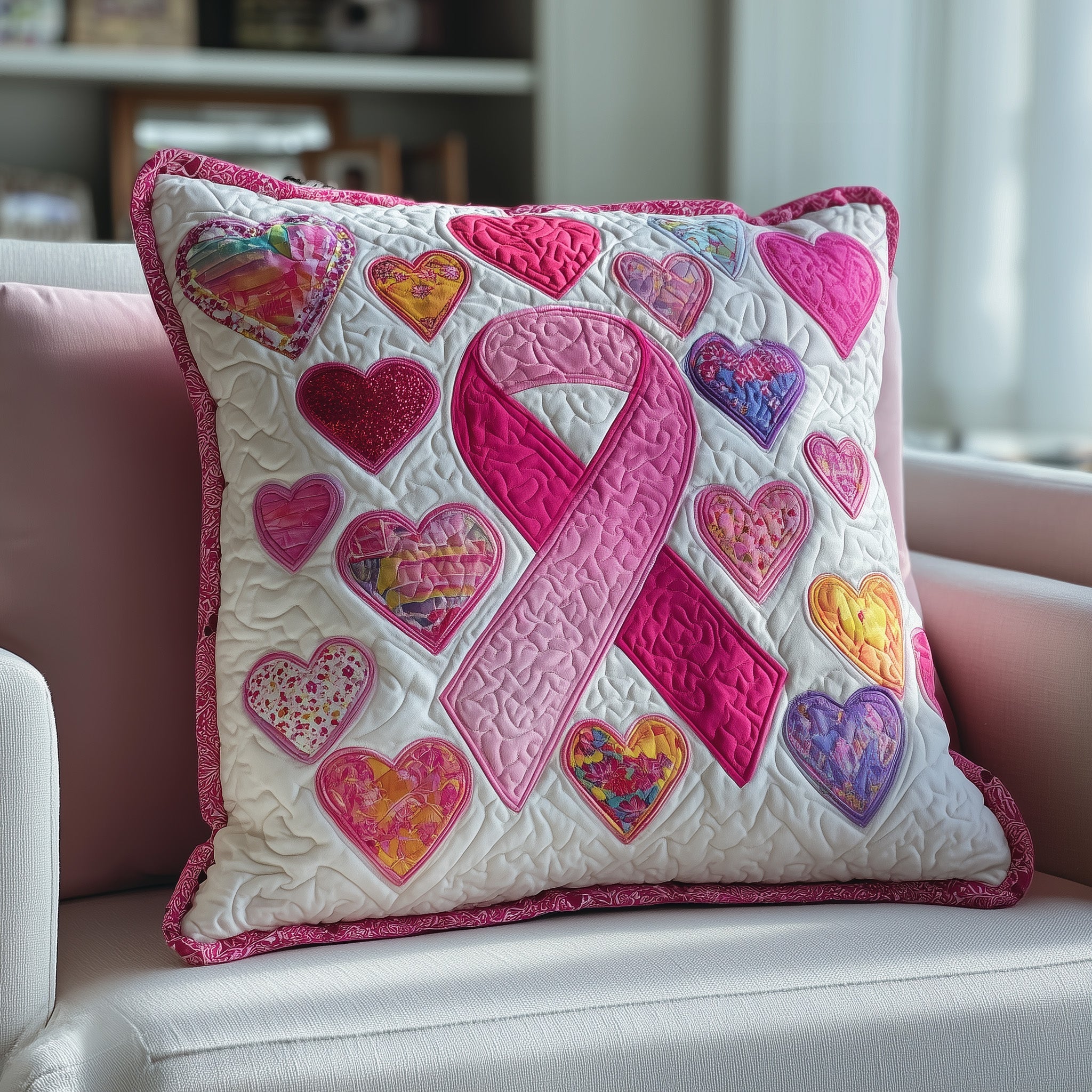 Breast Cancer Ribbon Quilted Pillow Case Throw Pillow Cover ItemBreast Cancer Recovery Gifts