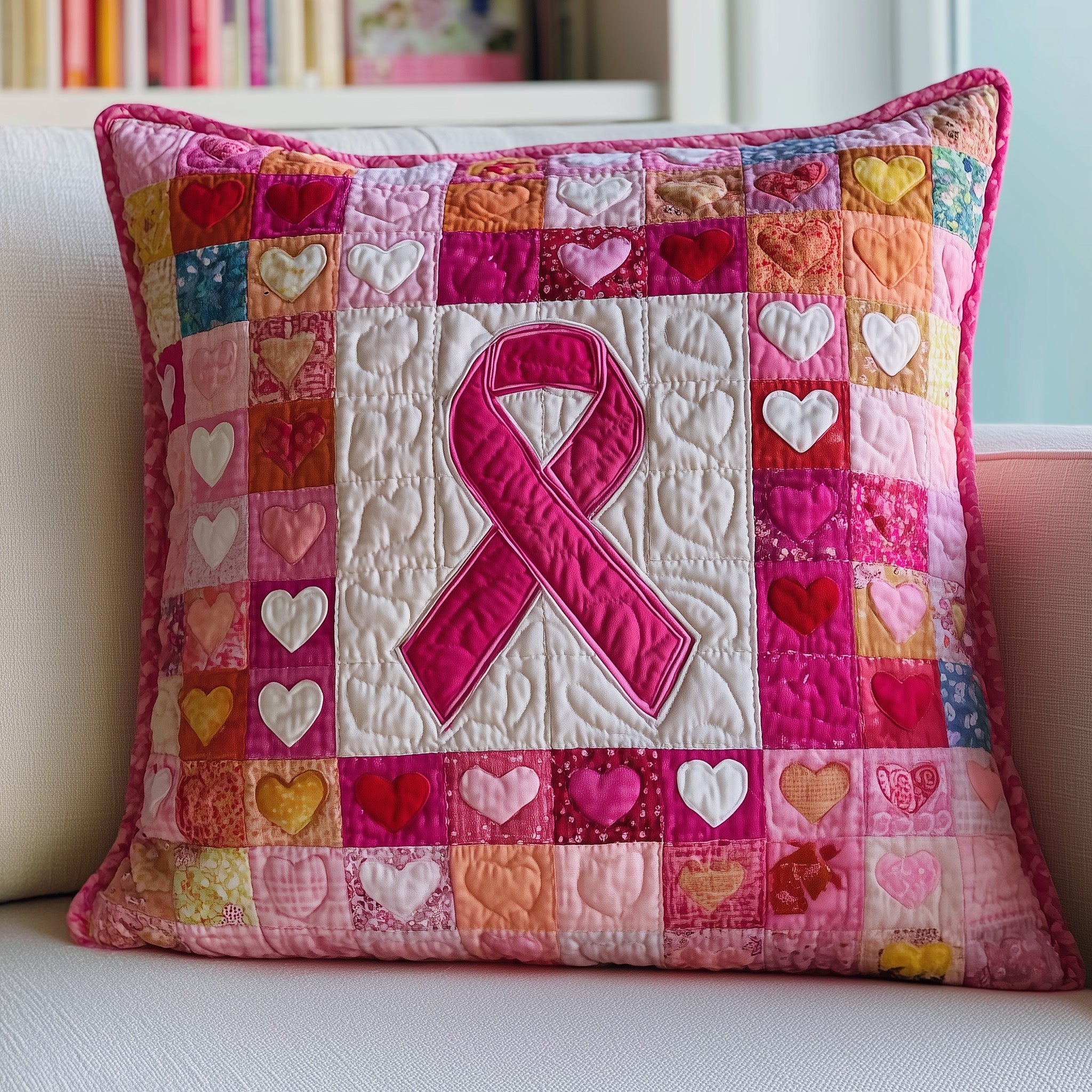 Breast Cancer Ribbon Quilted Pillow Case Throw Pillow Cover ItemBreast Cancer Survivor Gifts