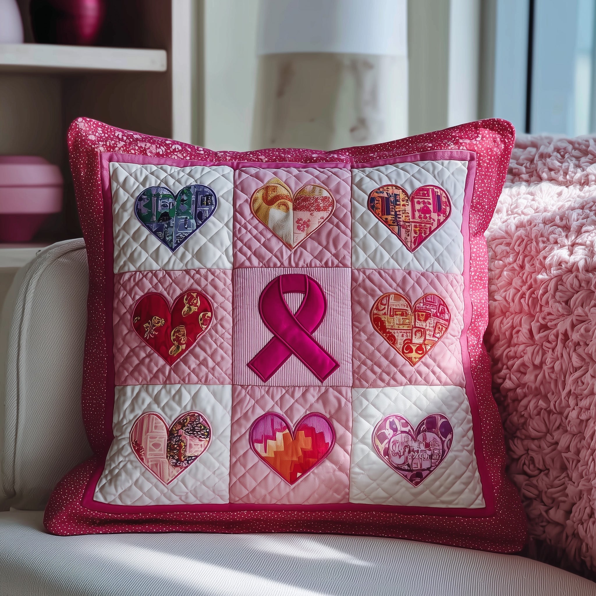Breast Cancer Ribbon Quilted Pillow Case Throw Pillow Cover ItemGift For Cancer Survivor Woman
