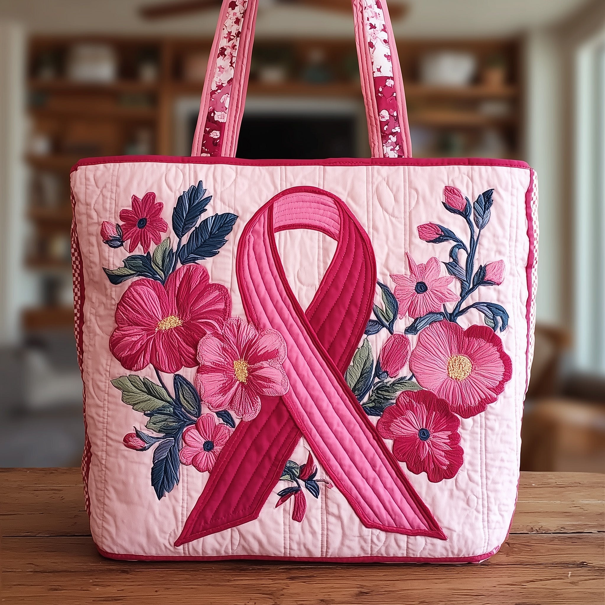 Breast Cancer Ribbon Quilted Tote Bag Floral Shoulder Bag Gift For Cancer Survivor Woman