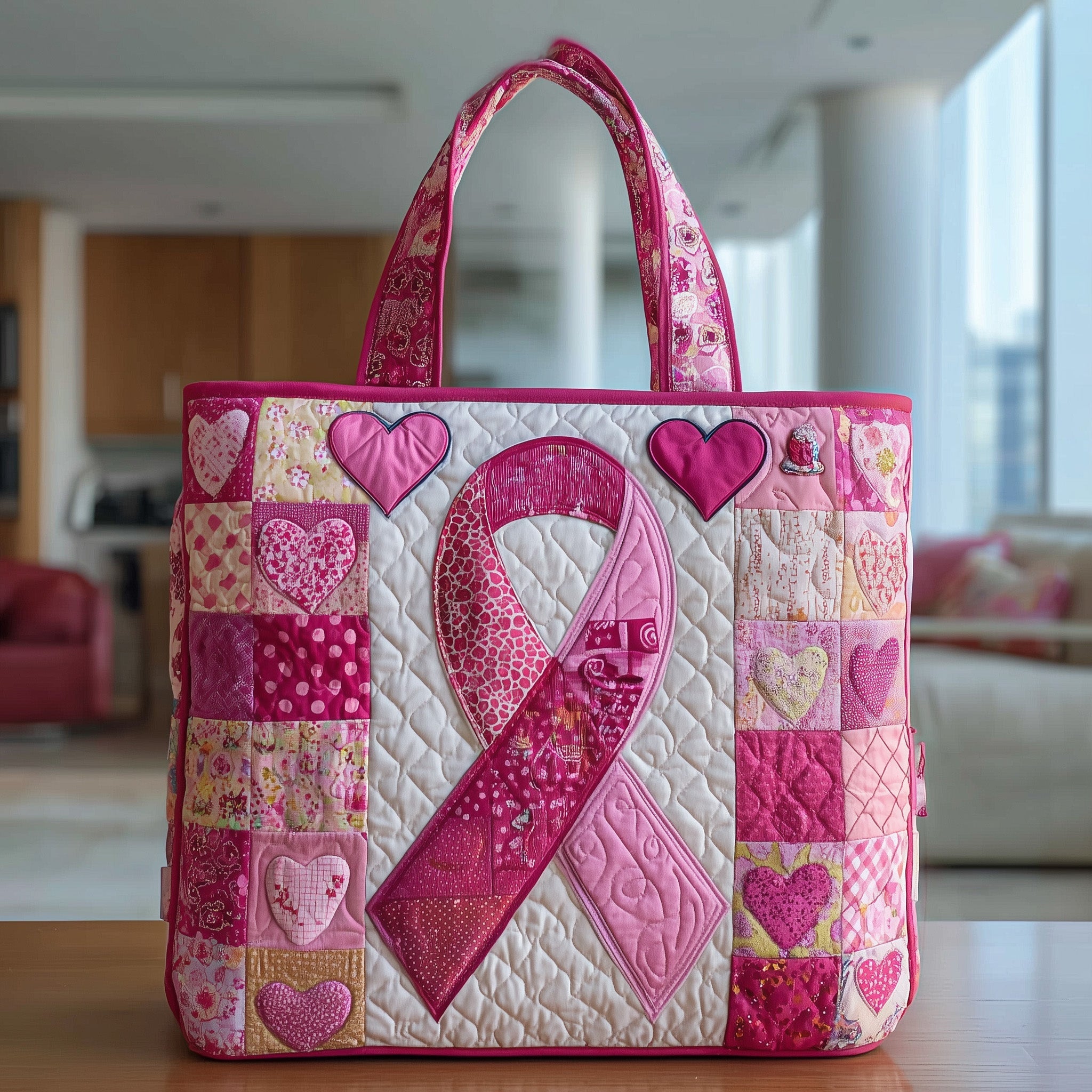 Breast Cancer Ribbon Quilted Tote Bag Pink Heart Patchwork Handbags Breast Cancer Warrior Gifts