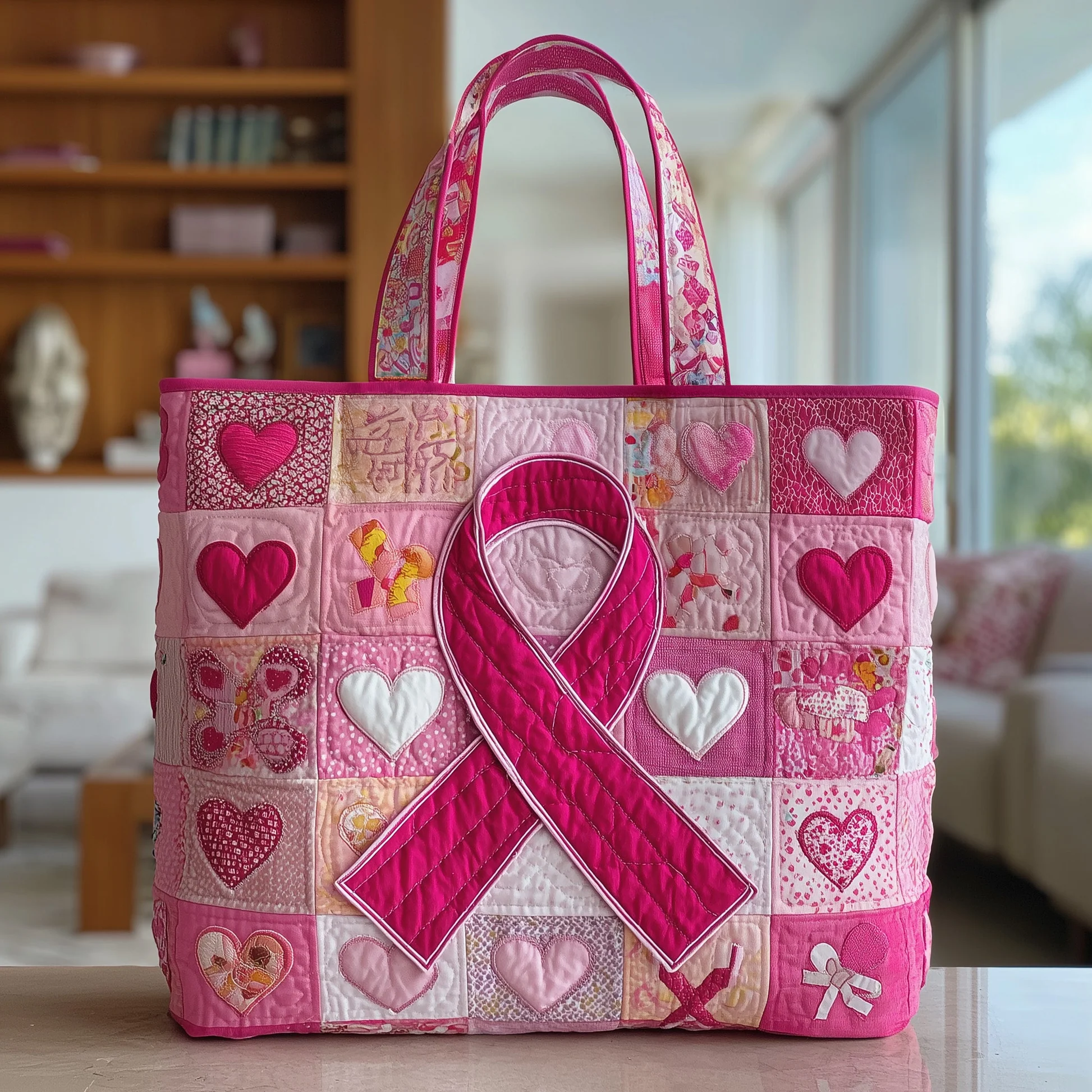 Breast Cancer Ribbon Quilted Tote Bag Pink Heart Patchwork Handbags For Her Cancer Fighter Gift