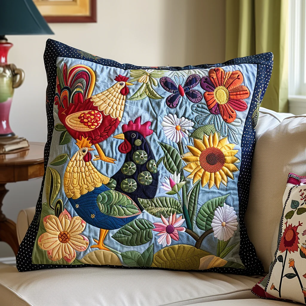 Bright Chickens Quilted Pillow Case Colorful Rooster Decor Gift For Chicken Lover