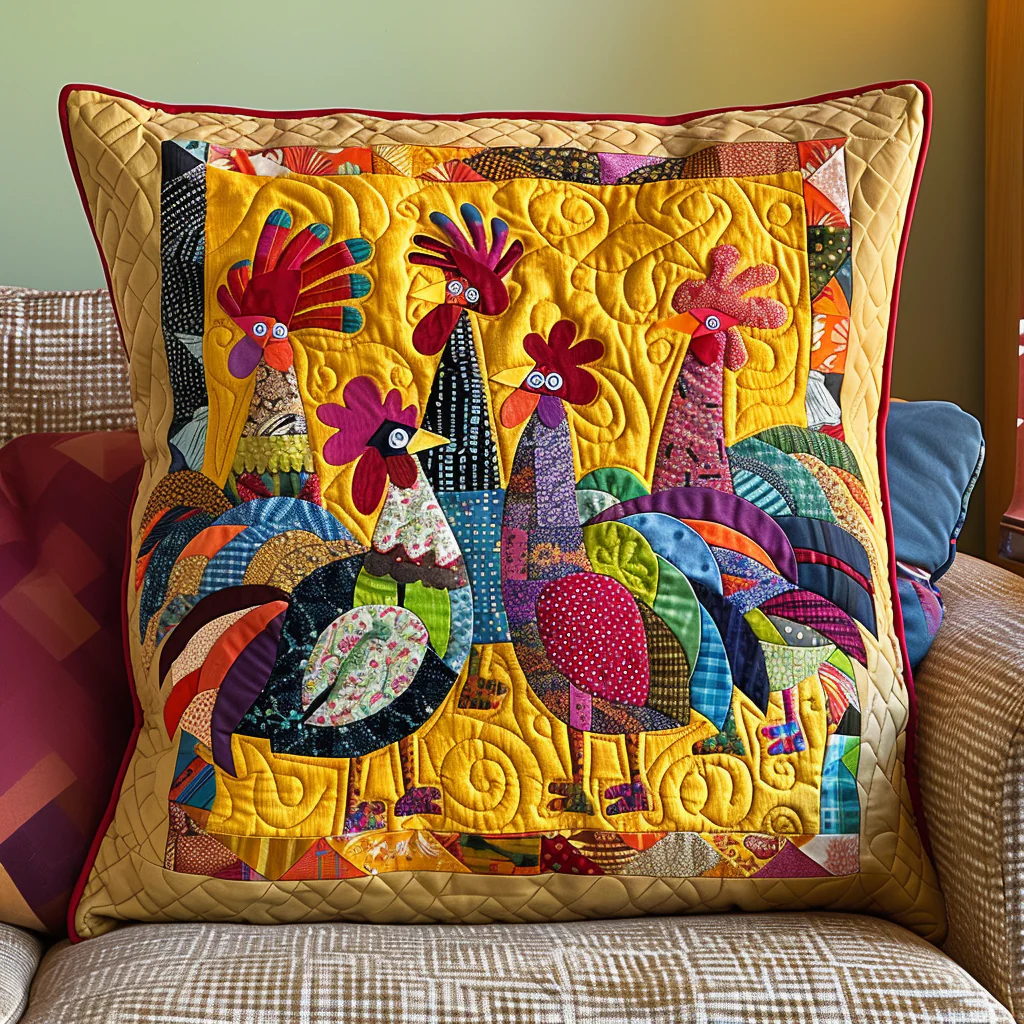 Bright Chickens Quilted Pillow Case Colorful Rooster Decor Gift For Country Home Decor