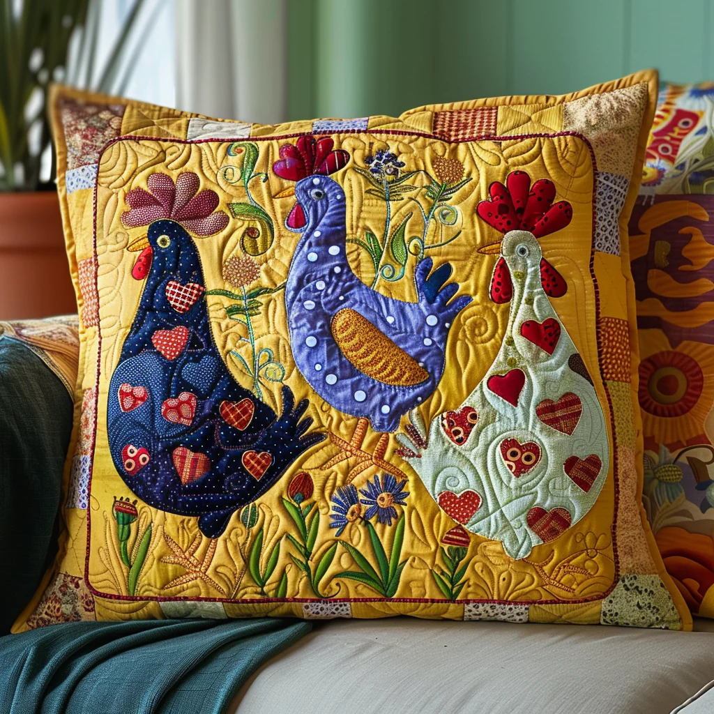 Bright Chickens Quilted Pillow Case Farmhouse Decor Gift For Country Home