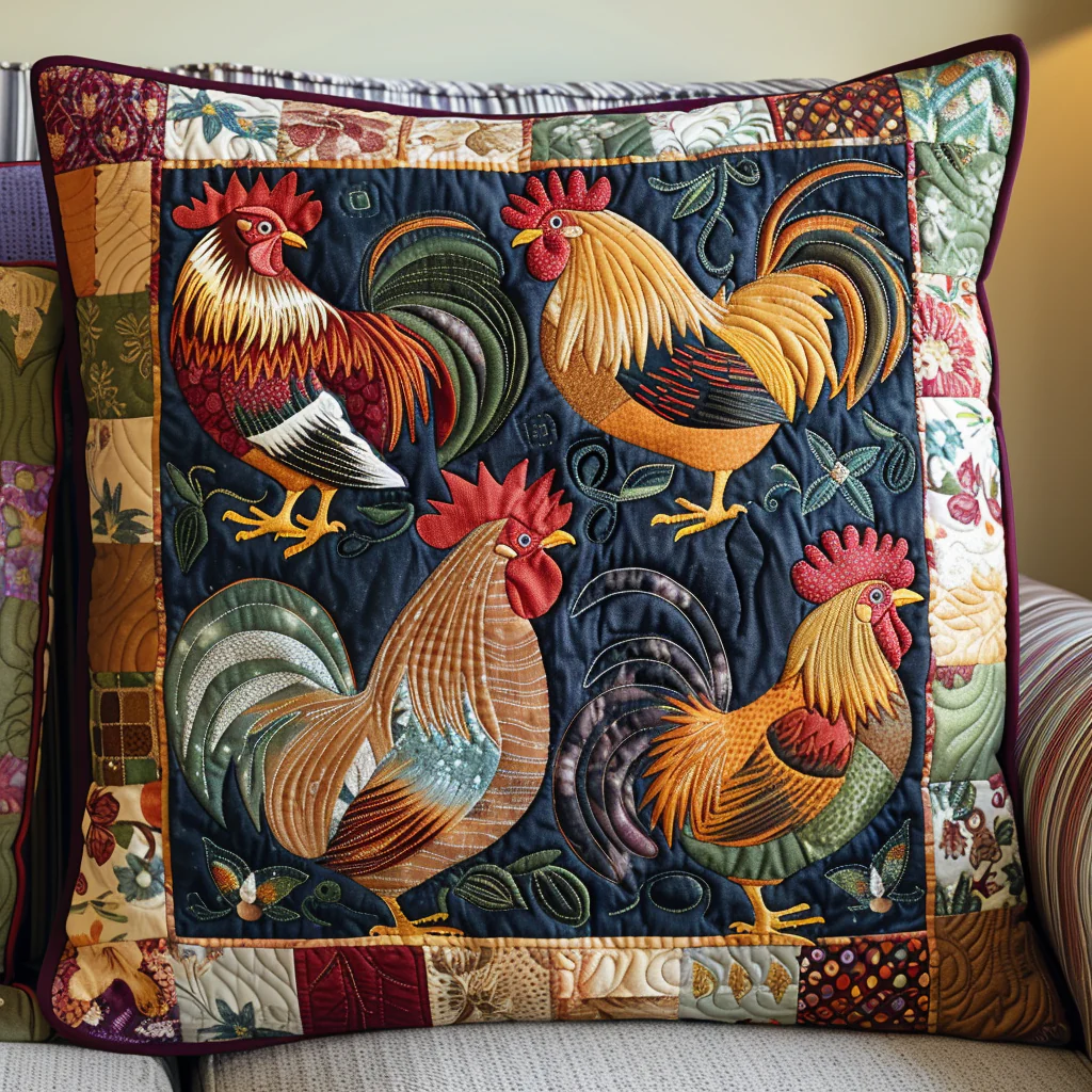 Bright Chickens Quilted Pillow Case Rustic Farmhouse Chicken Decor Gift For Country Home Decor