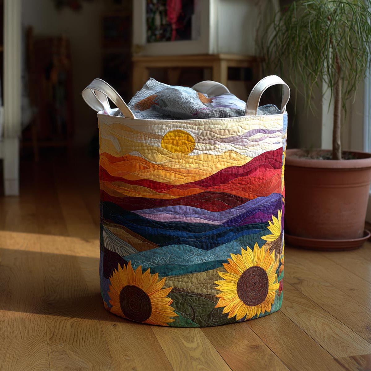 Bright Petals Sunflower Quilted Laundry Basket Best Fabric Storage Bin Washing Basket
