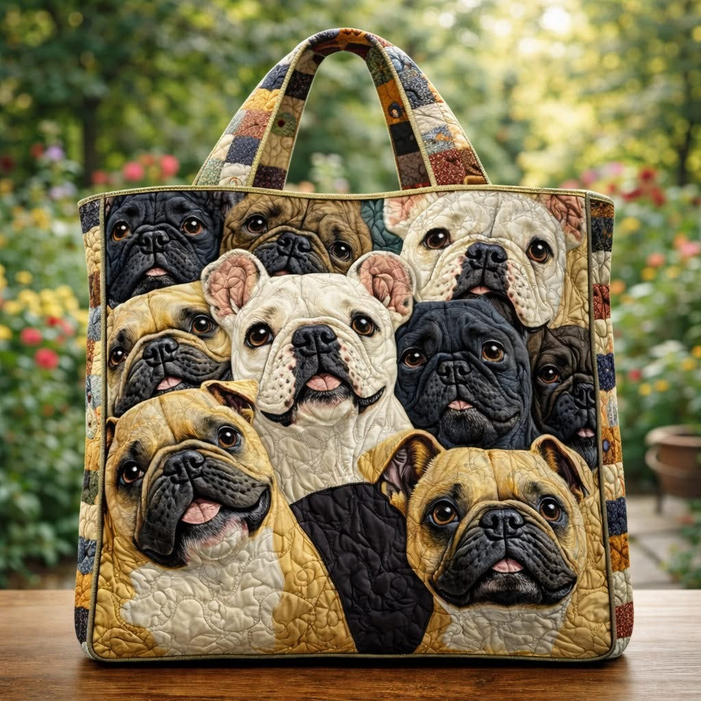 Bulldog Family Garden Quilted Tote Bag Cute Animal Handbag Best Gifts For Bulldog Lovers