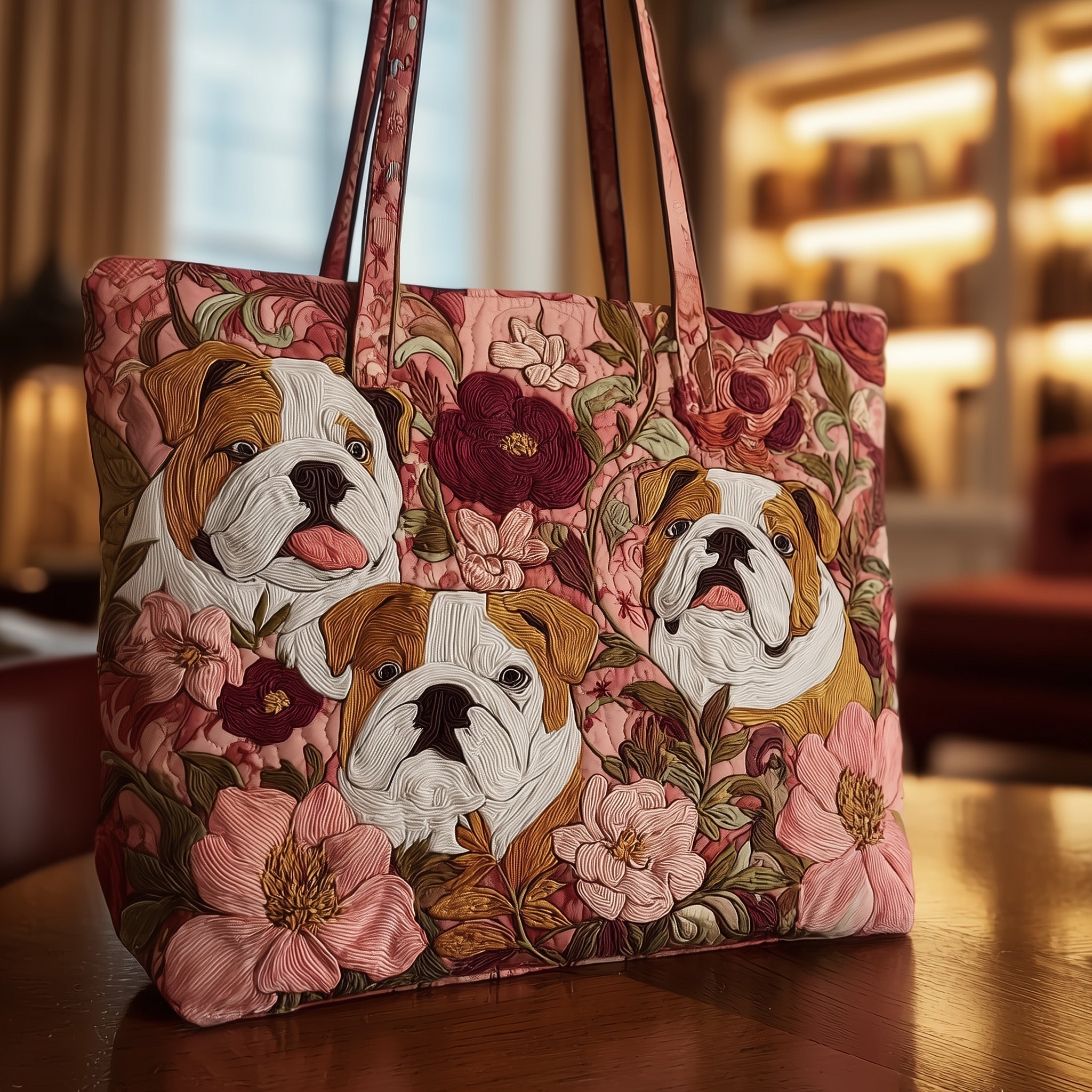 Bulldog Garden Party Quilted Tote Bag Floral Shoulder Bag Gifts For Bulldog Lovers
