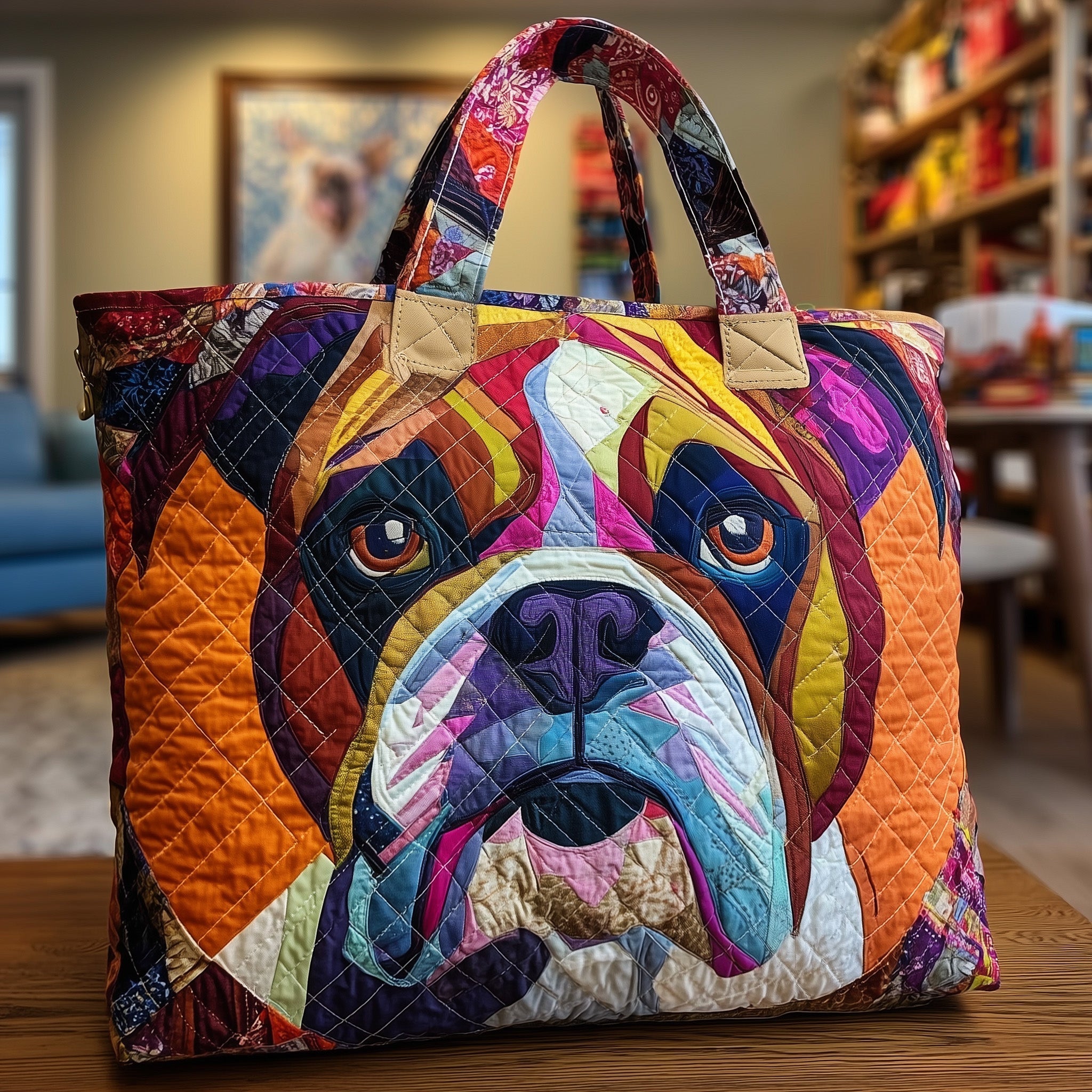 Bulldog Portrait Quilted Tote Bag Colorful Handbag For Women Gifts With Bulldogs On Them