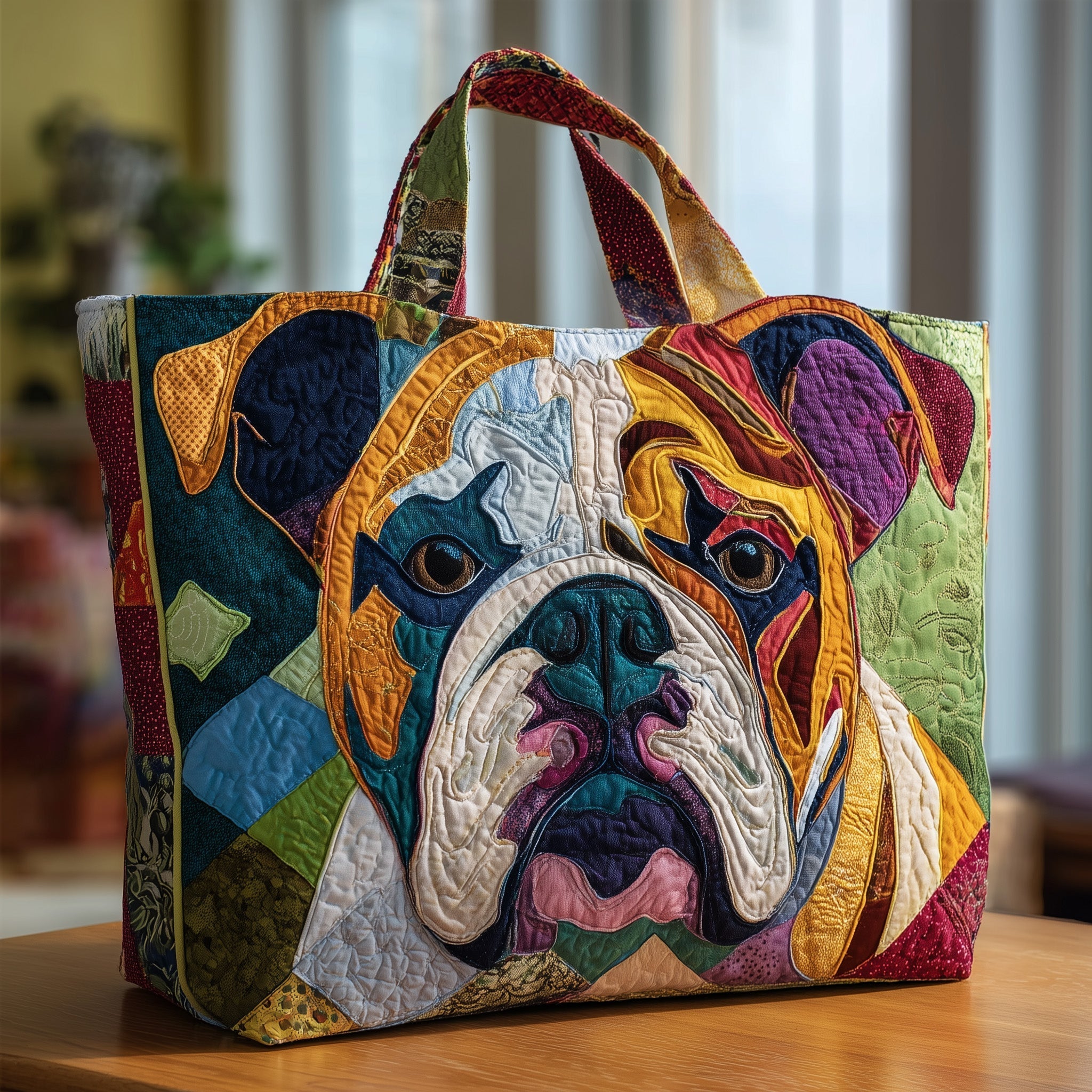 Bulldog Portrait Quilted Tote Bag Colorful Shoulder Bag For Women Bulldog Mom Gifts