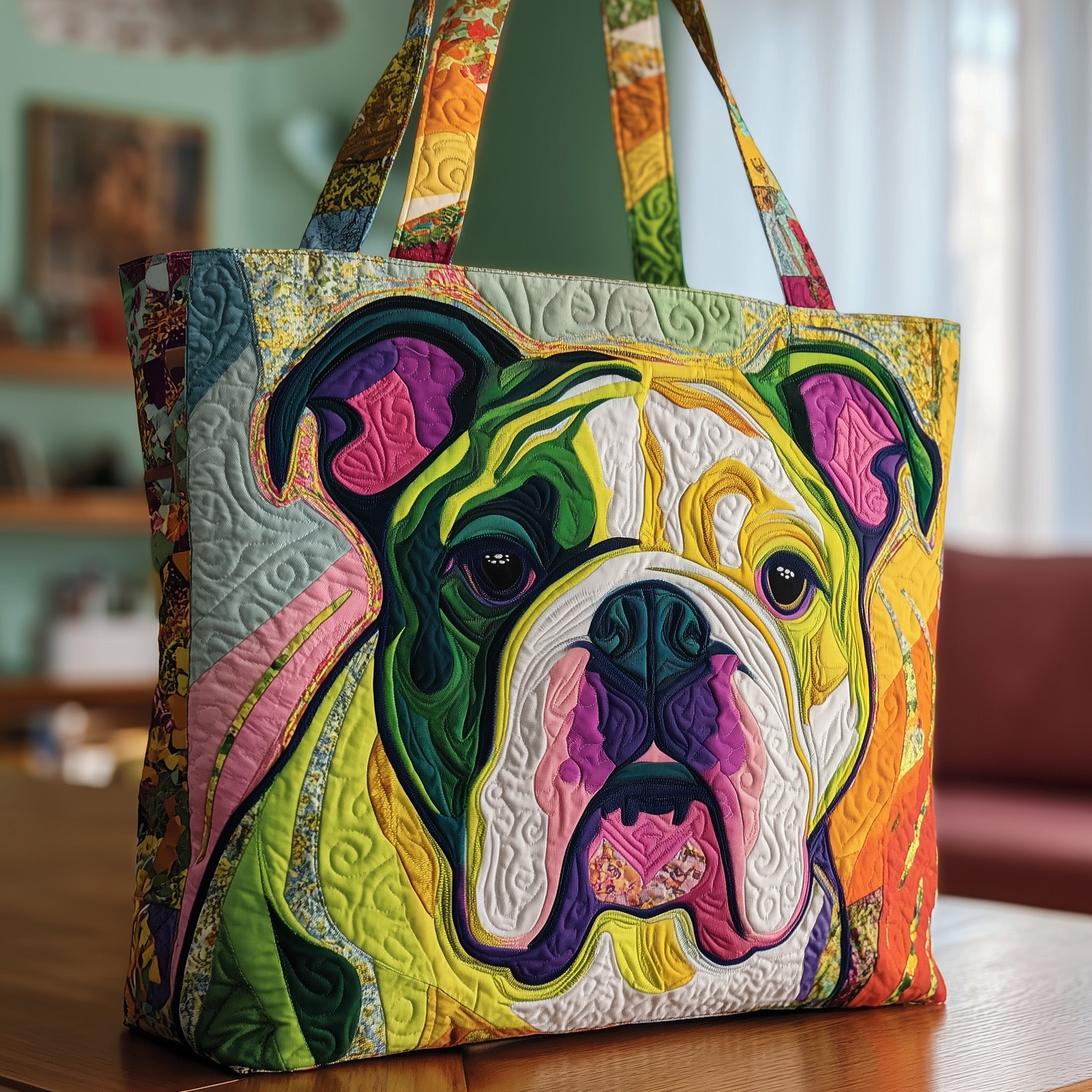 Bulldog Quilted Tote Bag Colorful Bulldog Portrait Shoulder Bag Gifts For Her