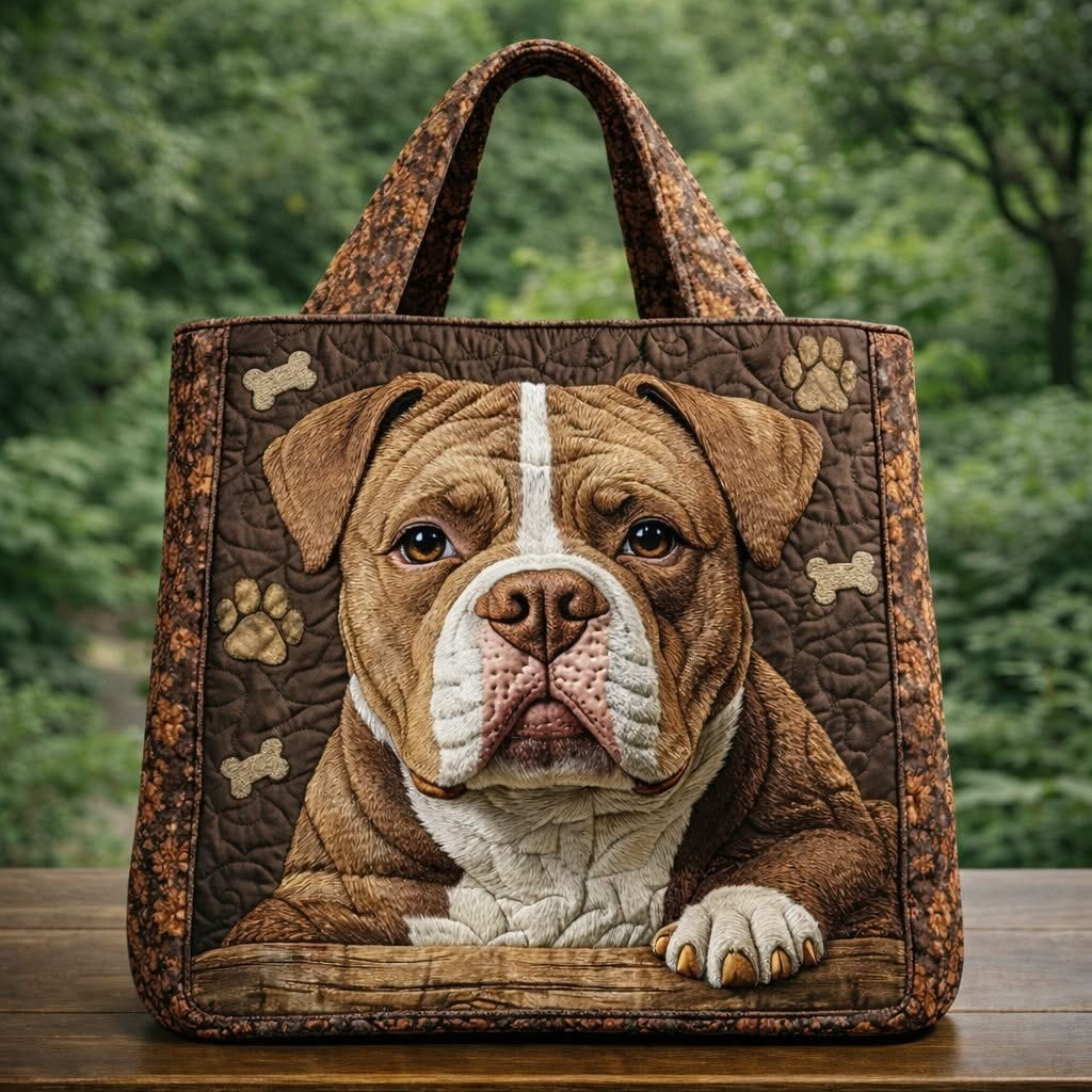 Bulldog Quilted Tote Bag Rustic Dog Paw Shoulder Bag Presents For Bulldog Lovers