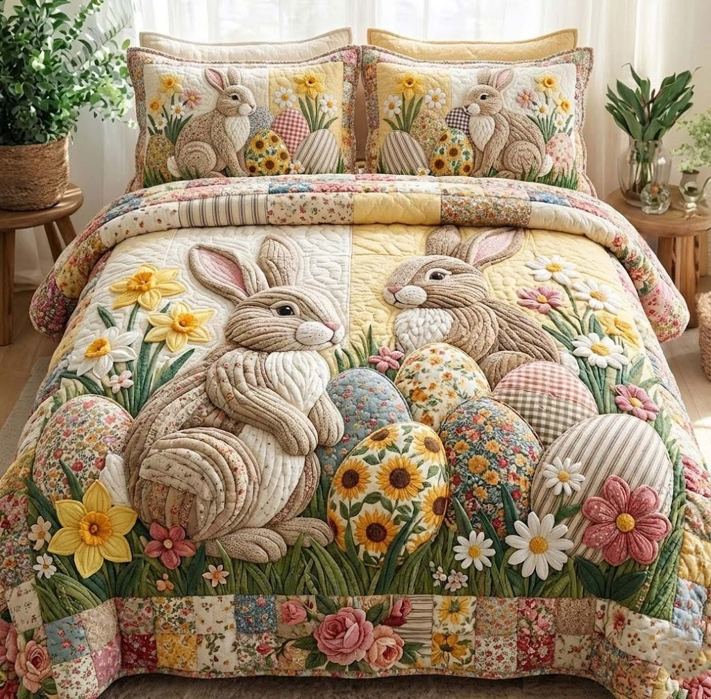 Bunny Easter Joy Quilted Bedding Set Cute Religious Bedspread Set Gifts For Christian