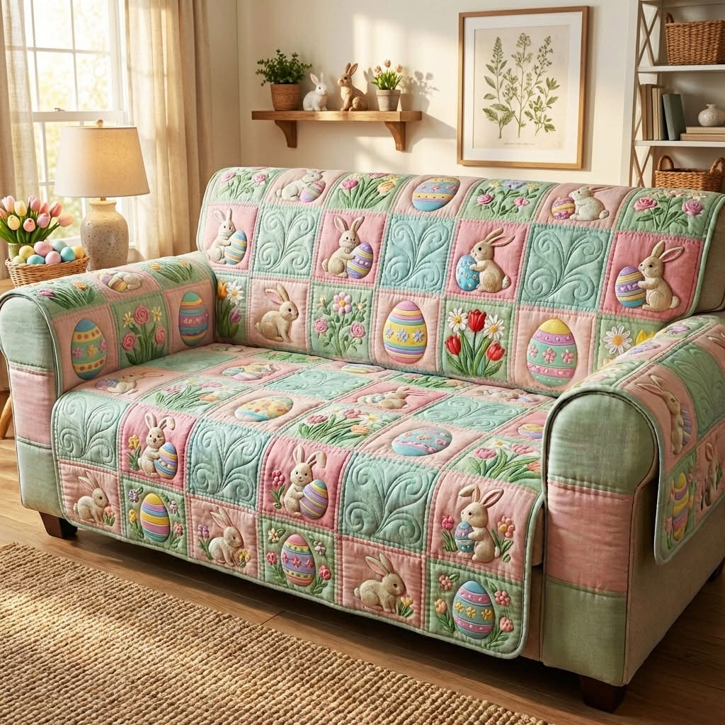 Bunny Eggs Season Quilted Sofa Cover Sweet Pastel Couch Covers Best Easter Gifts