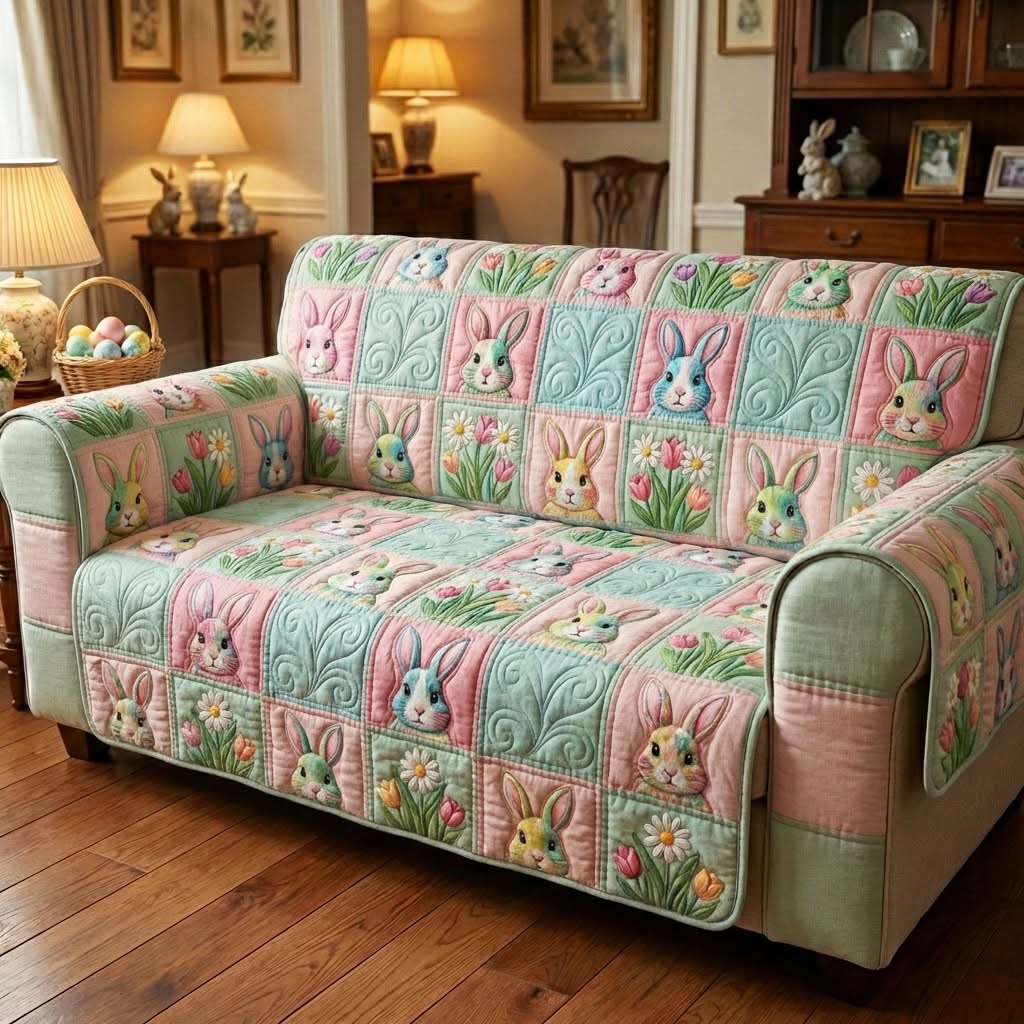 Bunny Hop Quilted Sofa Cover Cute Floral Pastel Sofa Protector Easter Gifts Ideas