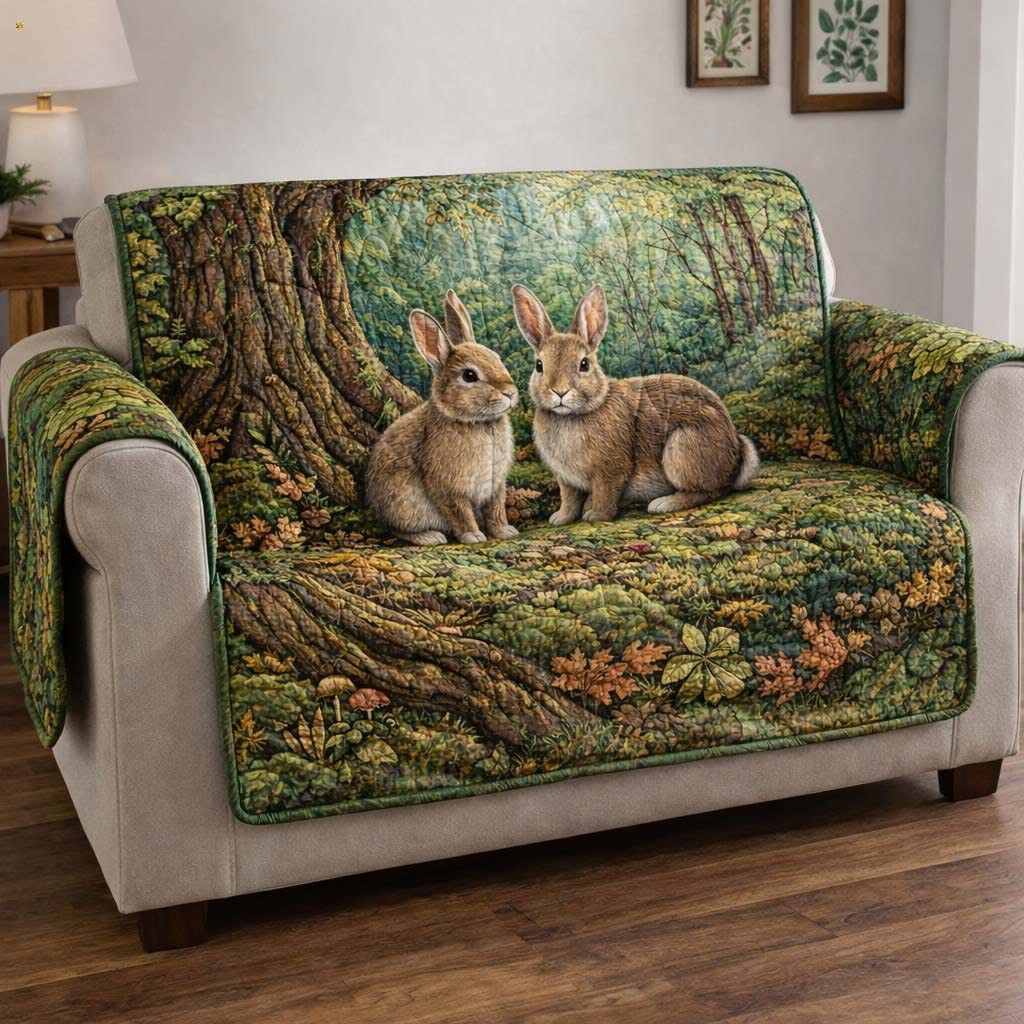 Bunny Rabbit Quilted Sofa Cover Forest Wildlife Sofa Protector Presents For Bunny Lovers