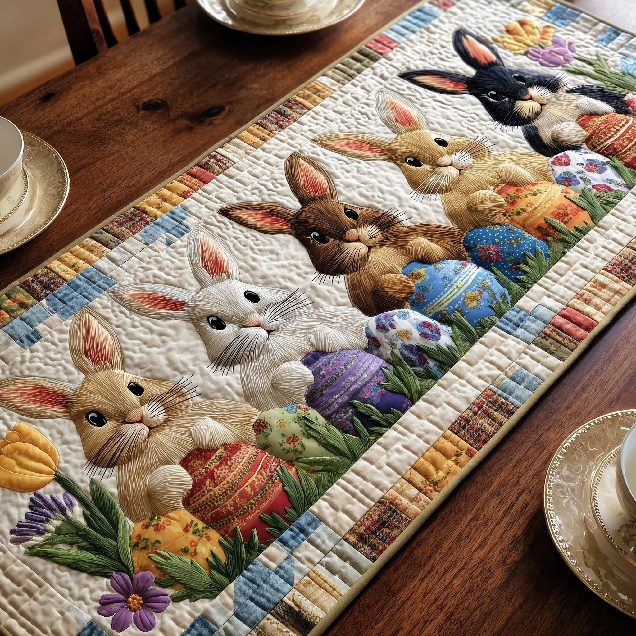 Bunny Spring Hopper Quilted Table Runner Easter Table Decor Cute Gifts For Christian