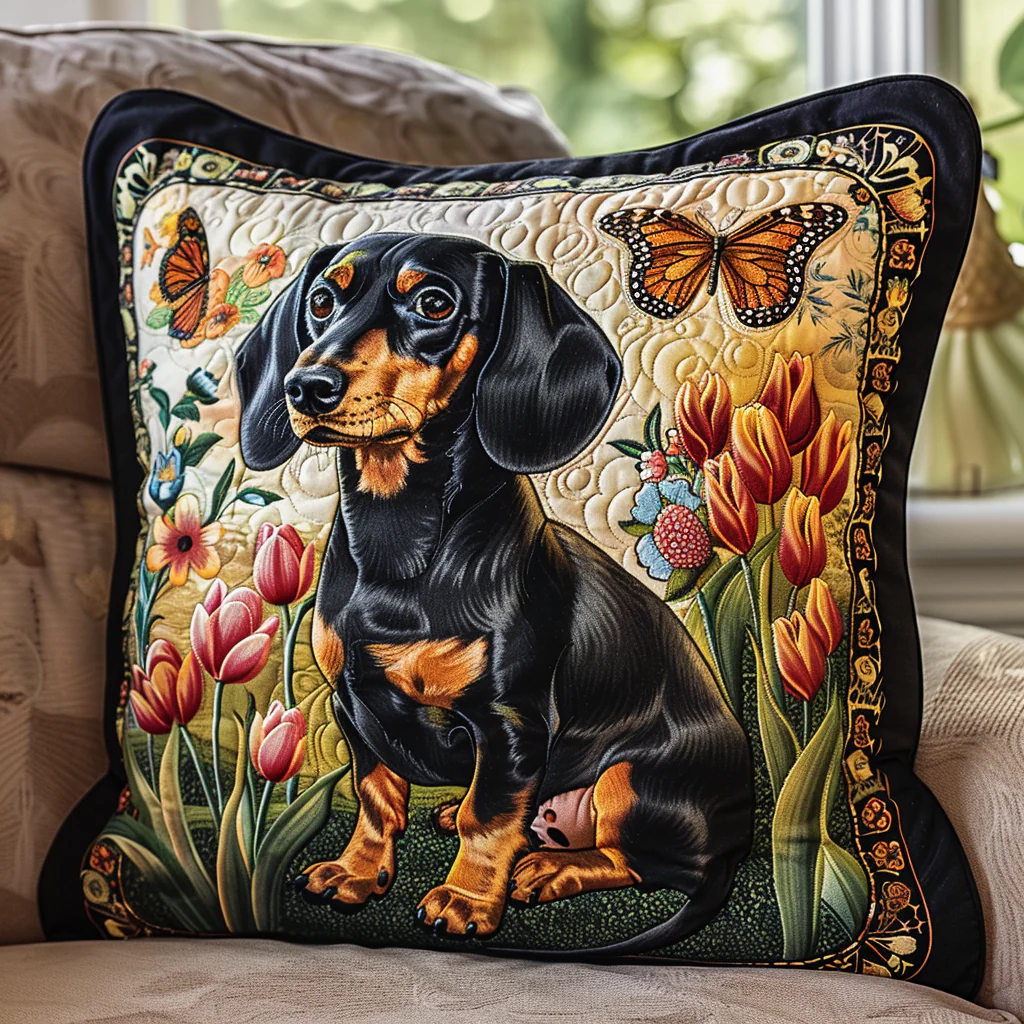 Butterfly And Dachshund Quilted Pillow Case Floral Home Decor Gift For Dog Lovers