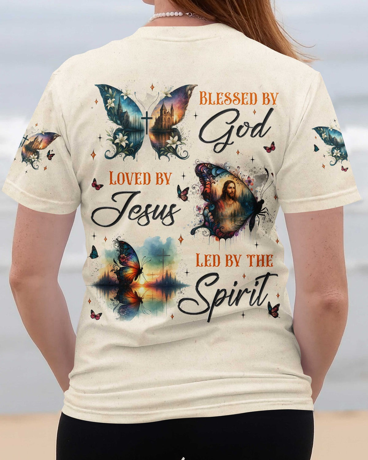Butterfly Blessed By God Loved By Jesus Led By The Spirit T-Shirt Women's Christian Clothing - Image 2