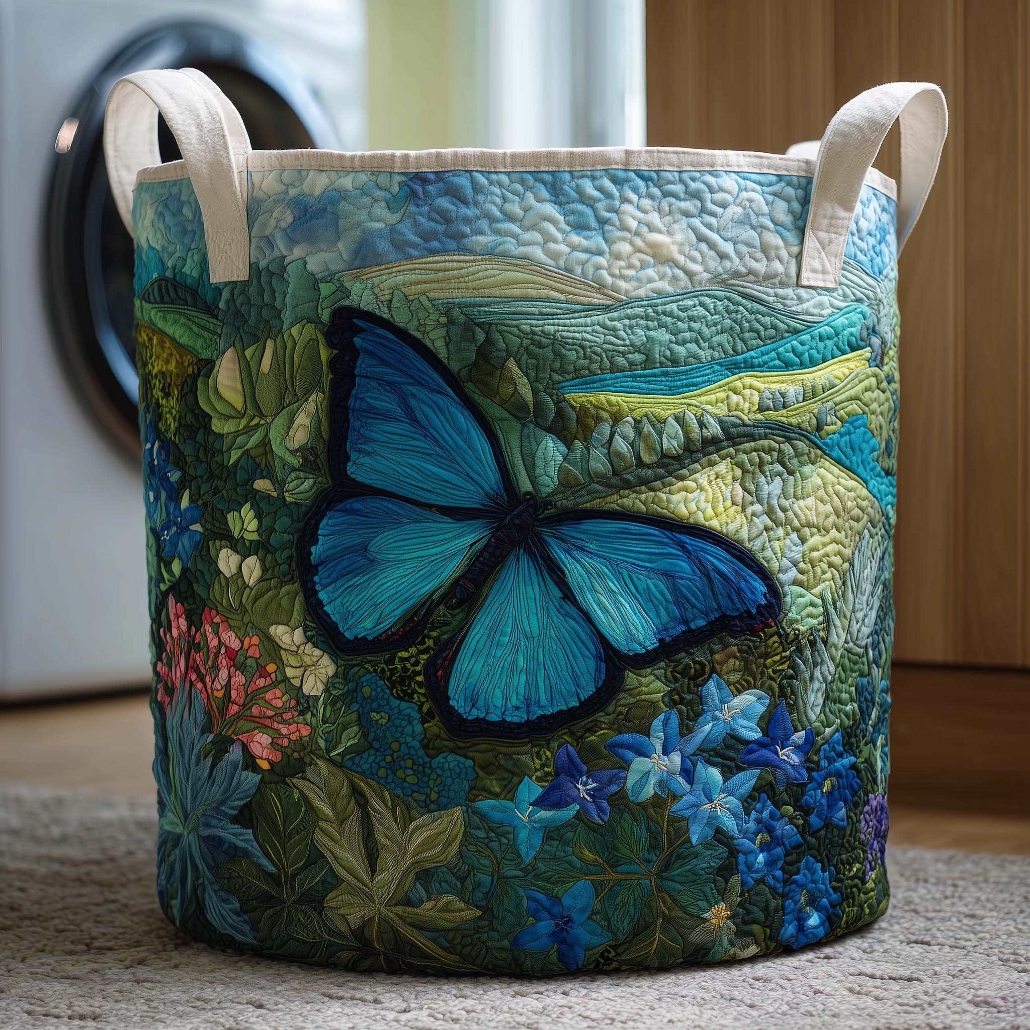 Butterfly Quilted Laundry Basket Blue Floral Clothes Hamper Cool Gifts For Butterfly Lovers