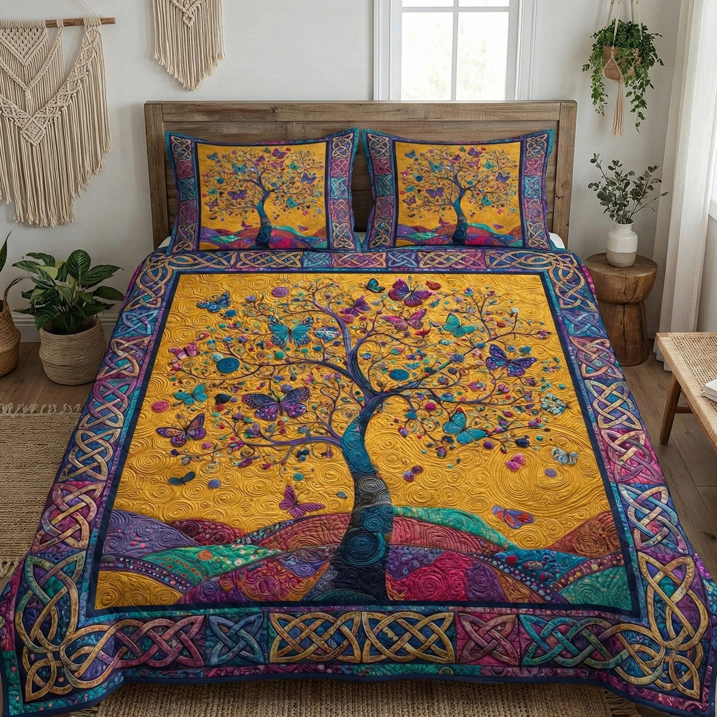 Butterfly Timeless Tree Quilted Bedding Set Colorful Bohemian Bedroom Decor Tree Of Life Gifts