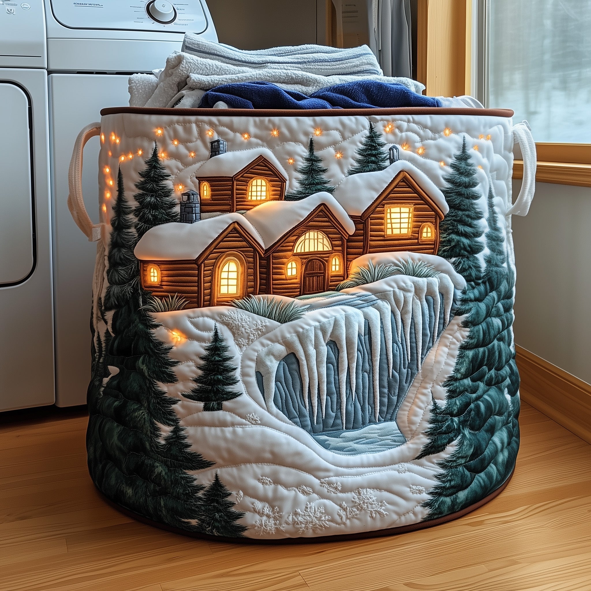 Cabin Log Quilted Laundry BasketÃ¯Â¿Â½Winter Village Scene Clothes Hamper Gifts For Housewarming