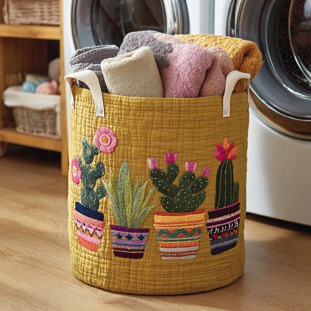 Cactus Bloom Quilted Laundry Basket Family Clothes Hamper Best Gifts For Cactus Lovers