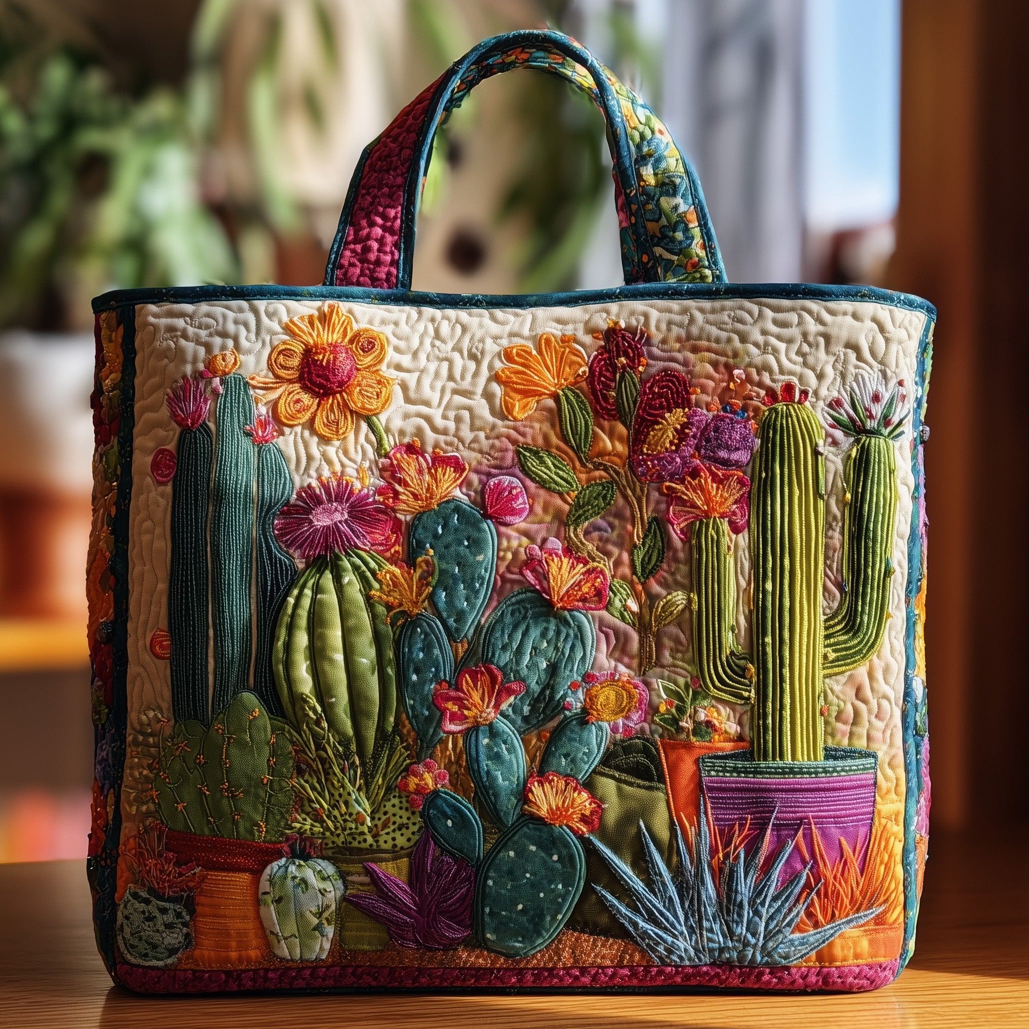 Cactus Charm Quilted Tote Bag Floral Shoulder Bags Unique Gifts For Her